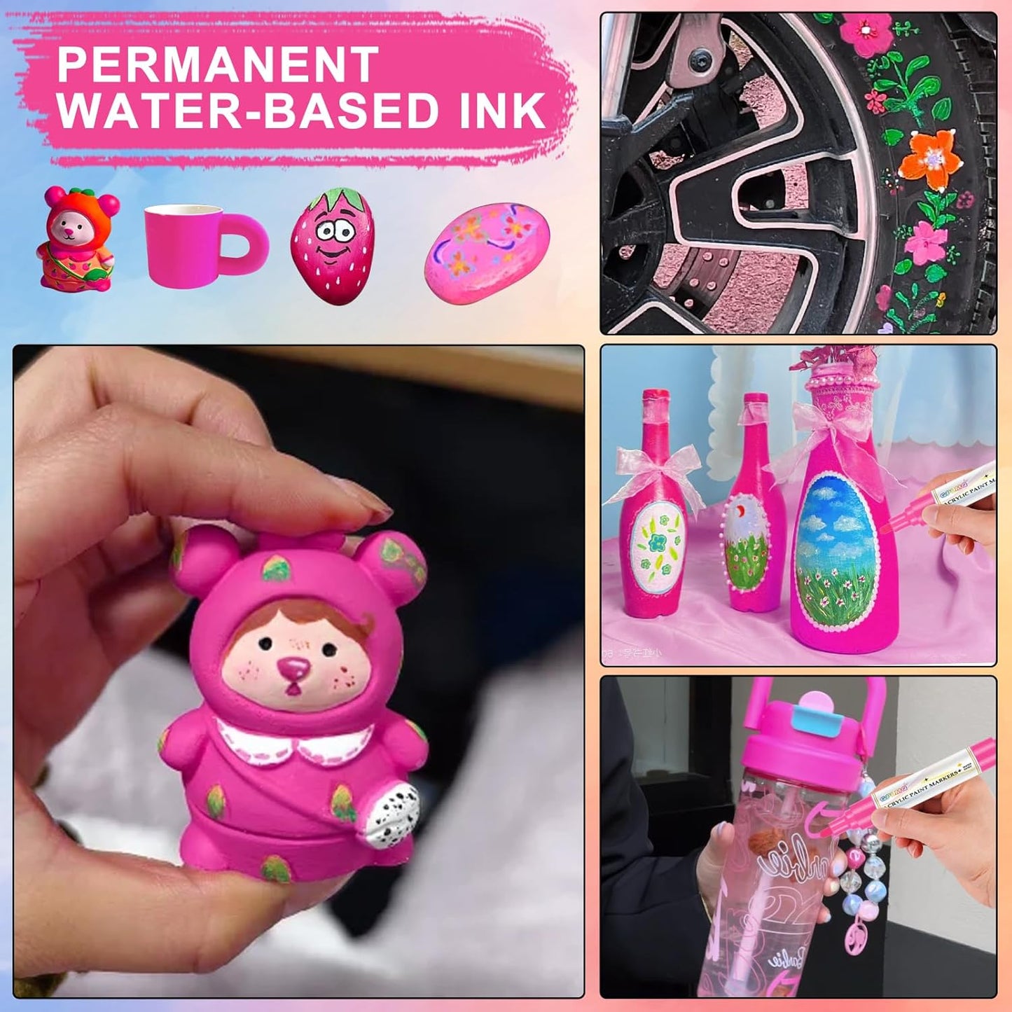 Paint Markers Paint Pens - 2 Pack Dual Tip Acrylic Permanent Marker (0.7mm & 3mm), Non-Toxic, Water-Based for Art Painting, Stone, Ceramic, Glass, Wood, Fabric, Metal, DIY Crafts (Pink)