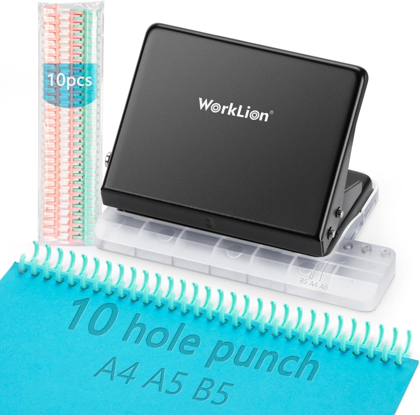 Binding Machine for Planner： WORKLION Metal 10 Hole Punch&Multi Color 30 Hole Loose Leaf Binder Rings(10 pcs) for Making 26 Holes on B5 Paper, 30 Holes on A4, 20 Holes on A5 Book, Black