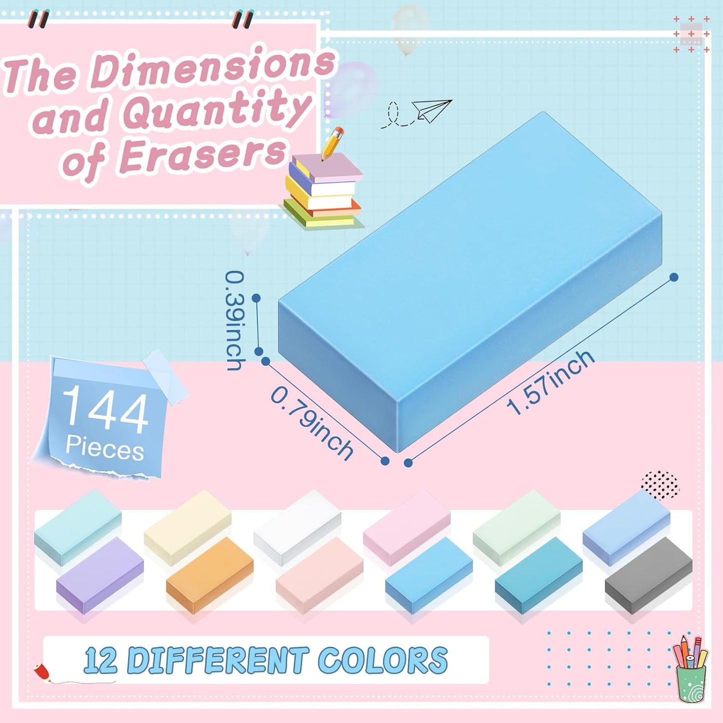 144 Pcs Bulk Erasers for Kids Pencil Erasers First Day of School Gifts for Student Pastel Colors Neon Colors Cute Party Favor for Classroom Art Office, Back-to-school Supplies(Stylish Color)
