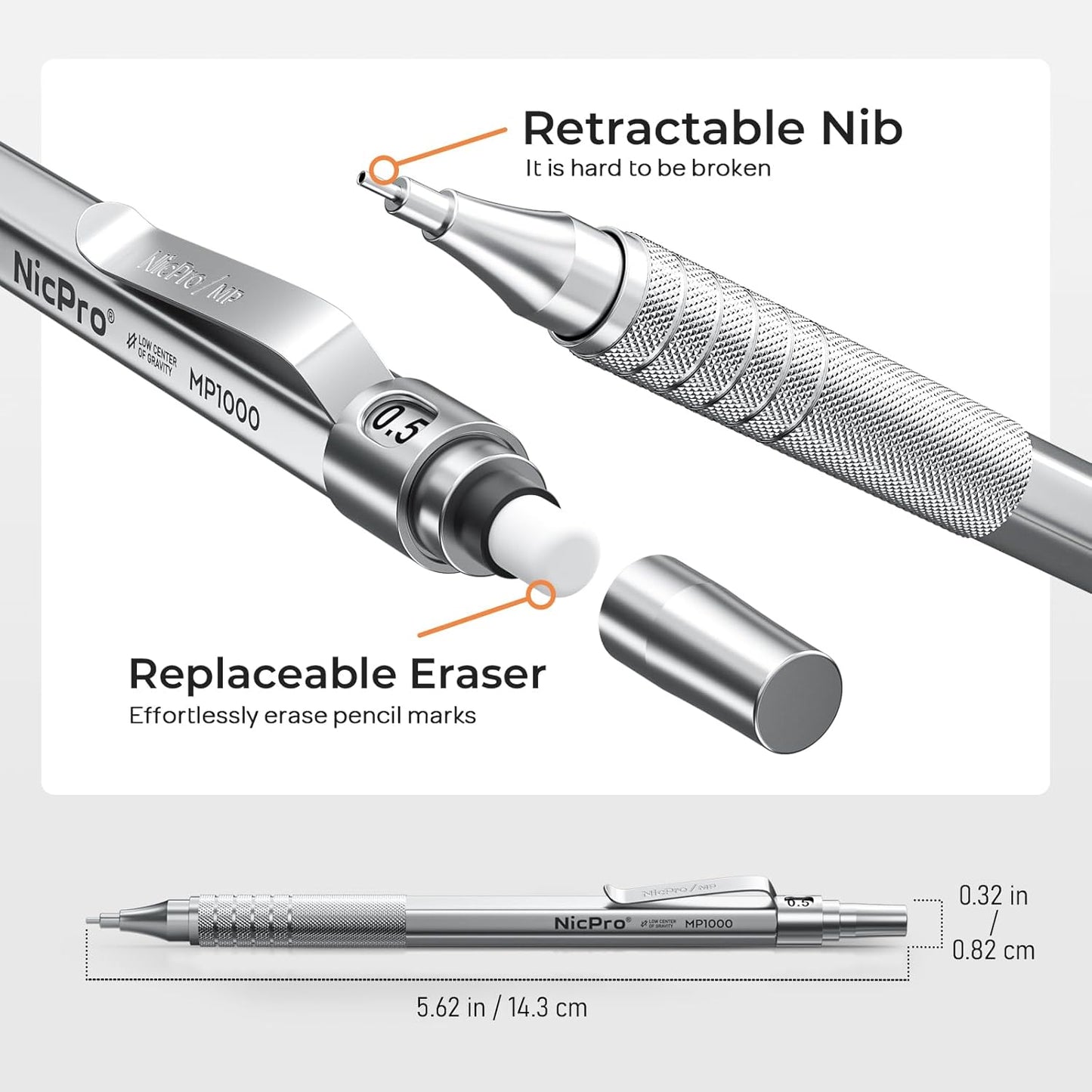 Nicpro 0.5 Mechanical Pencil Set with Case, 3PCS MP1000 Metal Artist Pencil & 8 Tube HB Lead Refills 0.5mm, 3 Erasers,9 Eraser Refills For Architect Writing Drafting, Drawing, Engineering, Sketching