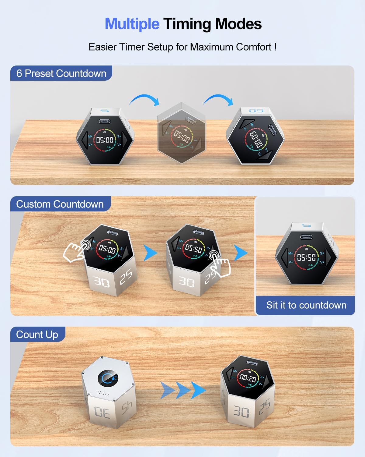 Ticktime Pomodoro Timer Cube, Hexagon Productivity Timer, Pause & Resume, Silent, Vibrate & Adjustable Sound Alert, for ADHD, Task, Work, Study, 5/15/25/30/45/60min & Custom Countdown, Silver