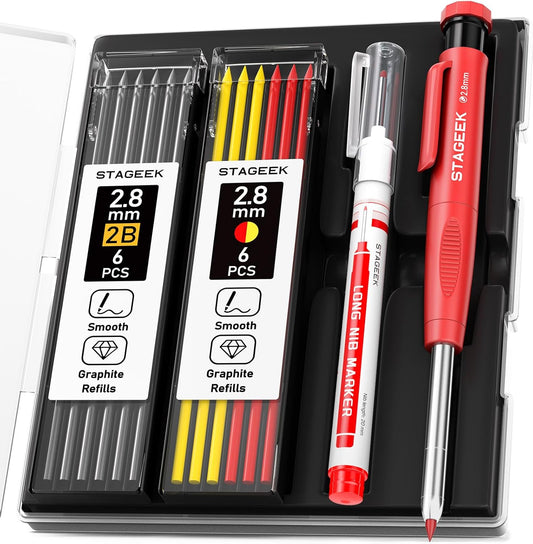 Carpenter Pencils Set with Sharpener, Heavy Duty Woodworking Tools with 13 Refills (Red, Black, Yellow), Construction Pencil and Deep Hole Long Nib Marker Pen for Architect Marking with Case