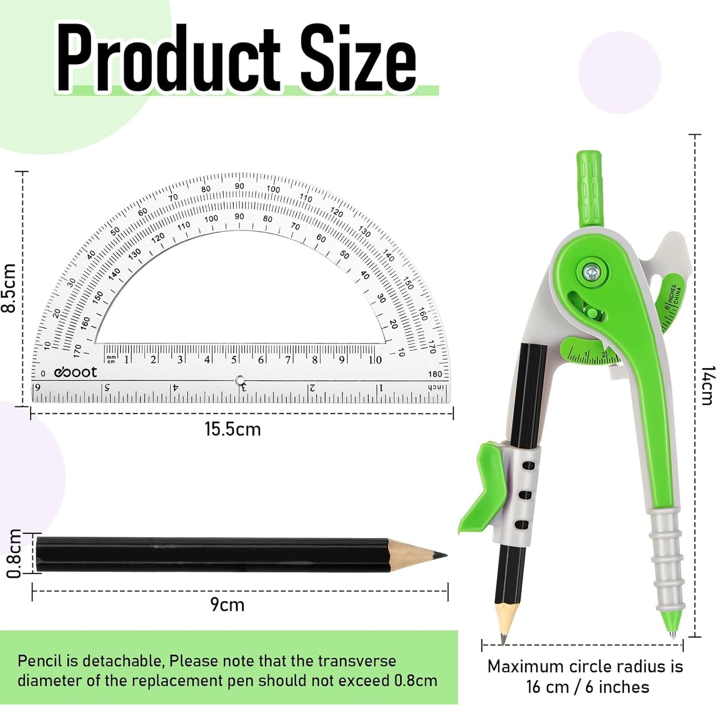 EBOOT Student Geometry Math Set, Drawing Compass and 6 Inch Clear Swing Arm Protractors 180 Degree Math Protractor (Green)