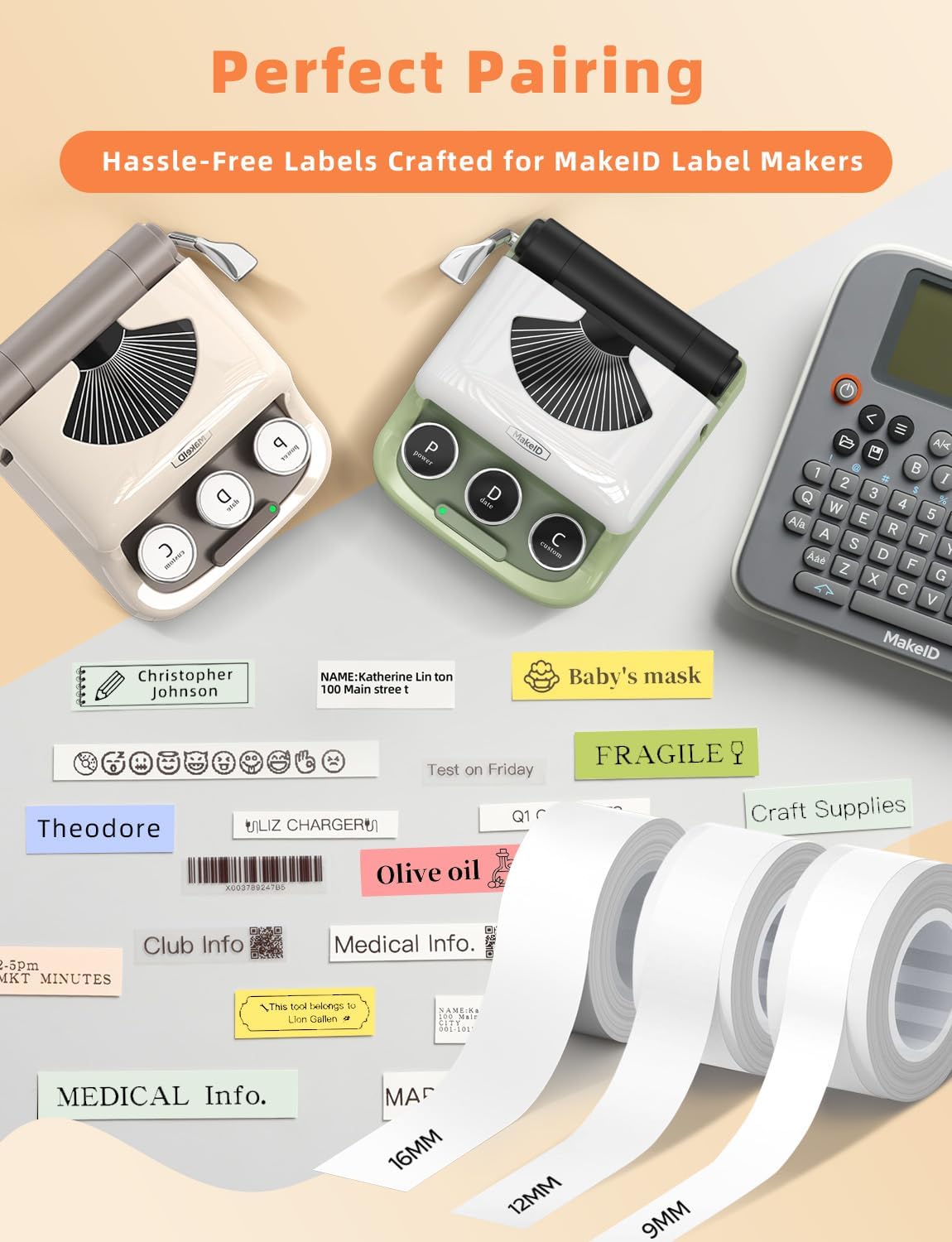 MakeID E1 Q1 Label Maker Tape Refills, 12mm x 4m (0.47" x 13') Continuous Sticker Thermal Laminated Waterproof Self-Adhesive Multipurpose Labeling Tape Replacement