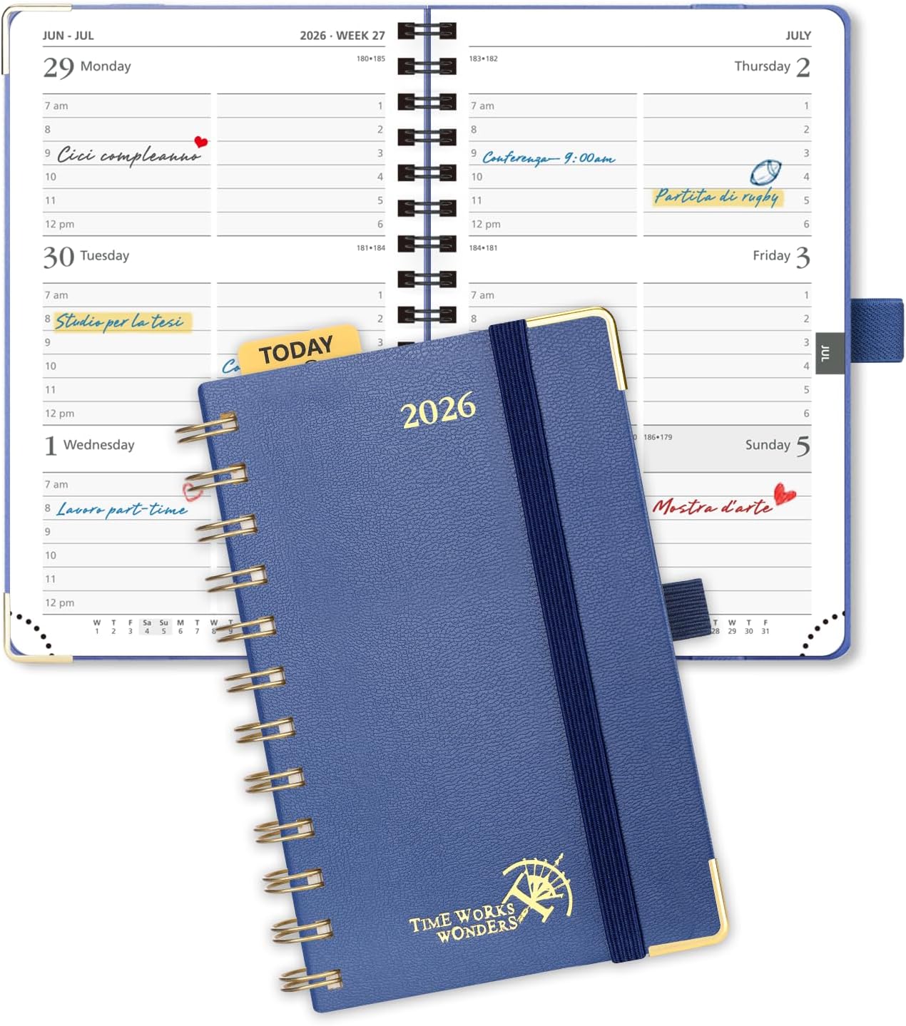 POPRUN 2026 Planner (Pocket Size 4''x 6.25'' Wire-Bond Hard Cover) Calendar Weekly and Monthly (Jan.2026-Dec.2026) Small Planner with Hourly Time Slots, for Purse, 100 GSM - Navy Blue