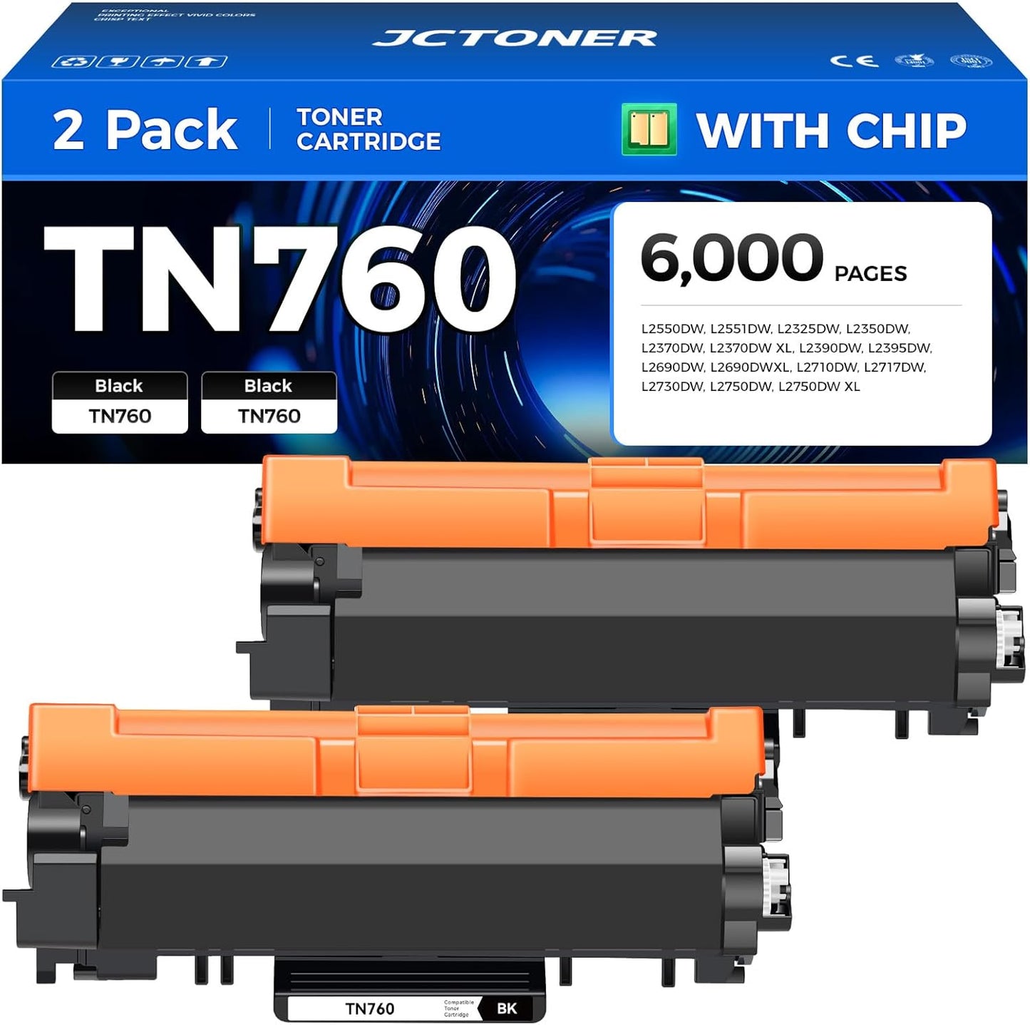 TN760 Black Toner Cartridge 2-Pack Compatible Replacement for Brother TN-760 TN730 TN-730 MFC-L2710DW MFC-L2750DW HL-L2350DW DCP-L2550DW HL-L2395DW HL-L2370DW HL-L2325DW HL-L2390DW MFC-L2690DW Printer