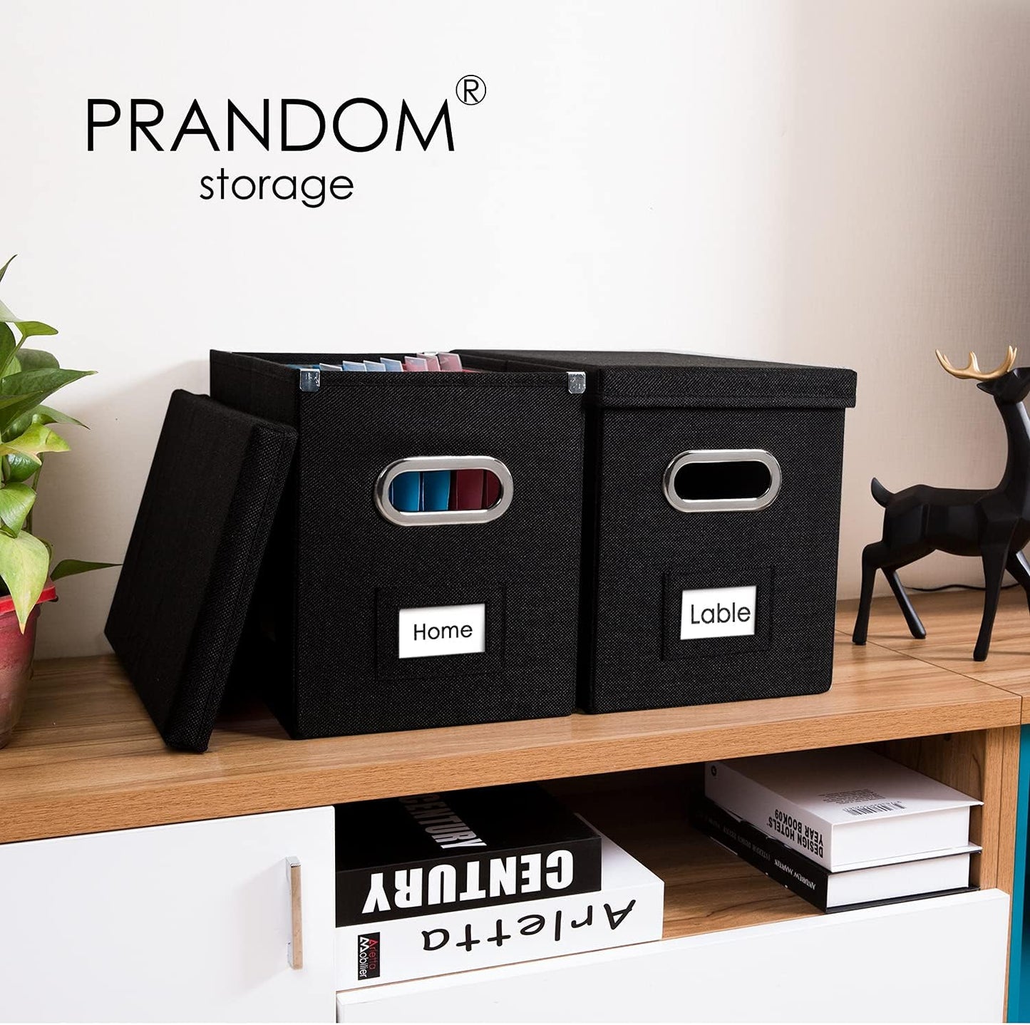 PRANDOM File Organizer Box - Set of 4 Collapsible Decorative Linen Filing Storage Hanging File Folders with Lids Office Cabinet Letter Size Black (14x9.3x10.8 inch)