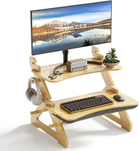 Amazer Standing Desk Converter, 22 inch Bamboo Small Sit Stand Up Desk Riser with Lap Desk Computer Desktop Desk Converter for Monitor and Laptop with Keyboard Tray