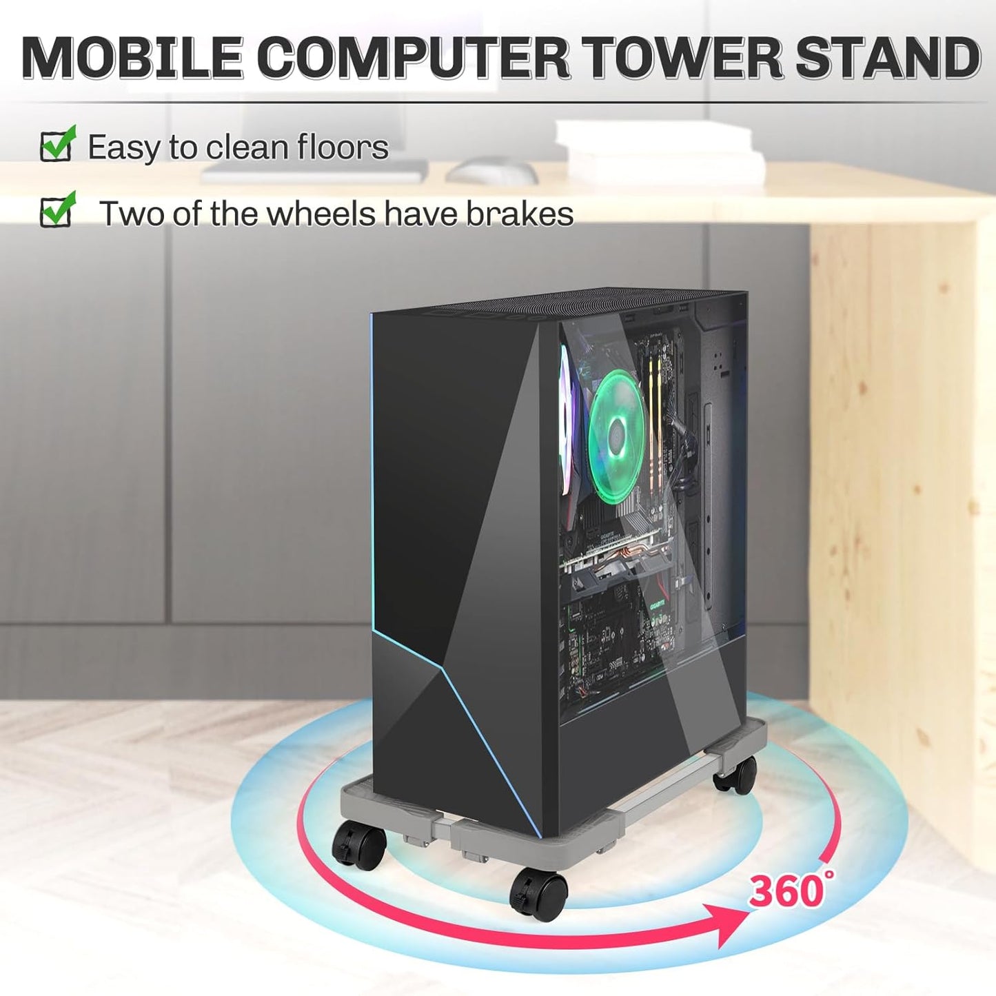Liitrton Mobile CPU Stand with 4 Locking Casters, Ventilated PC Tower Stand for Floor, Fits Most PC Towers, Office Gamers (Light Grey)