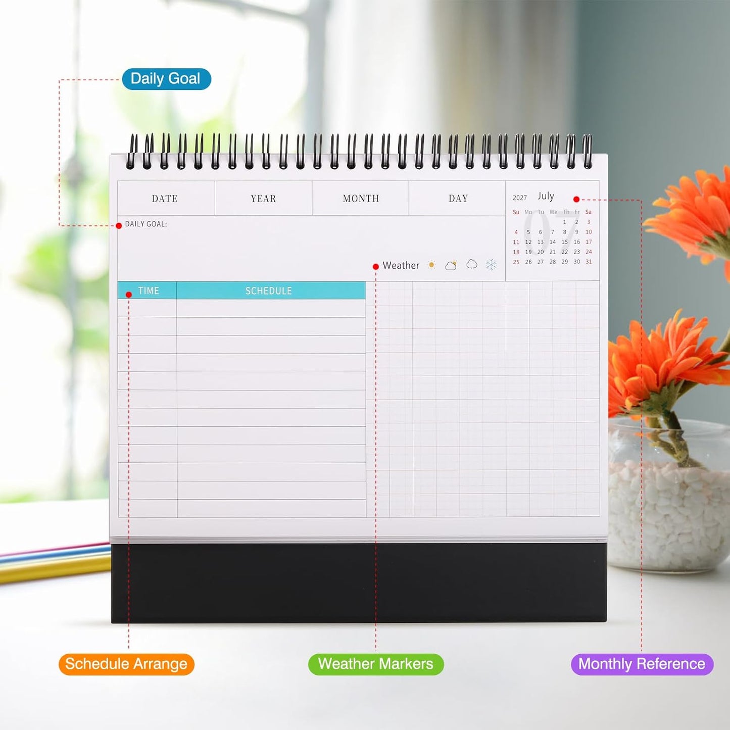 Desk Calendar 2026-2027, 2 Years Calendar Runs from Jan. 2026 until Dec 2027, Table Monthly Planner with Stickers for Home,Office,School Organization(L-Black+Green,9.8" x 9.6")