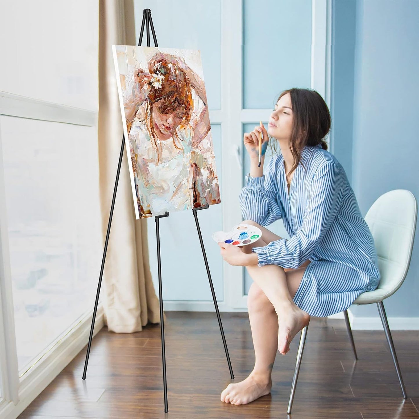 Display Black Easel Stand for Wedding Sign, Artist Instant Tripod Collapsible Portable Floor Easel for Posters, 63" Adjustable Easy Folding Metal Stand for Display Show, Arts, Painting