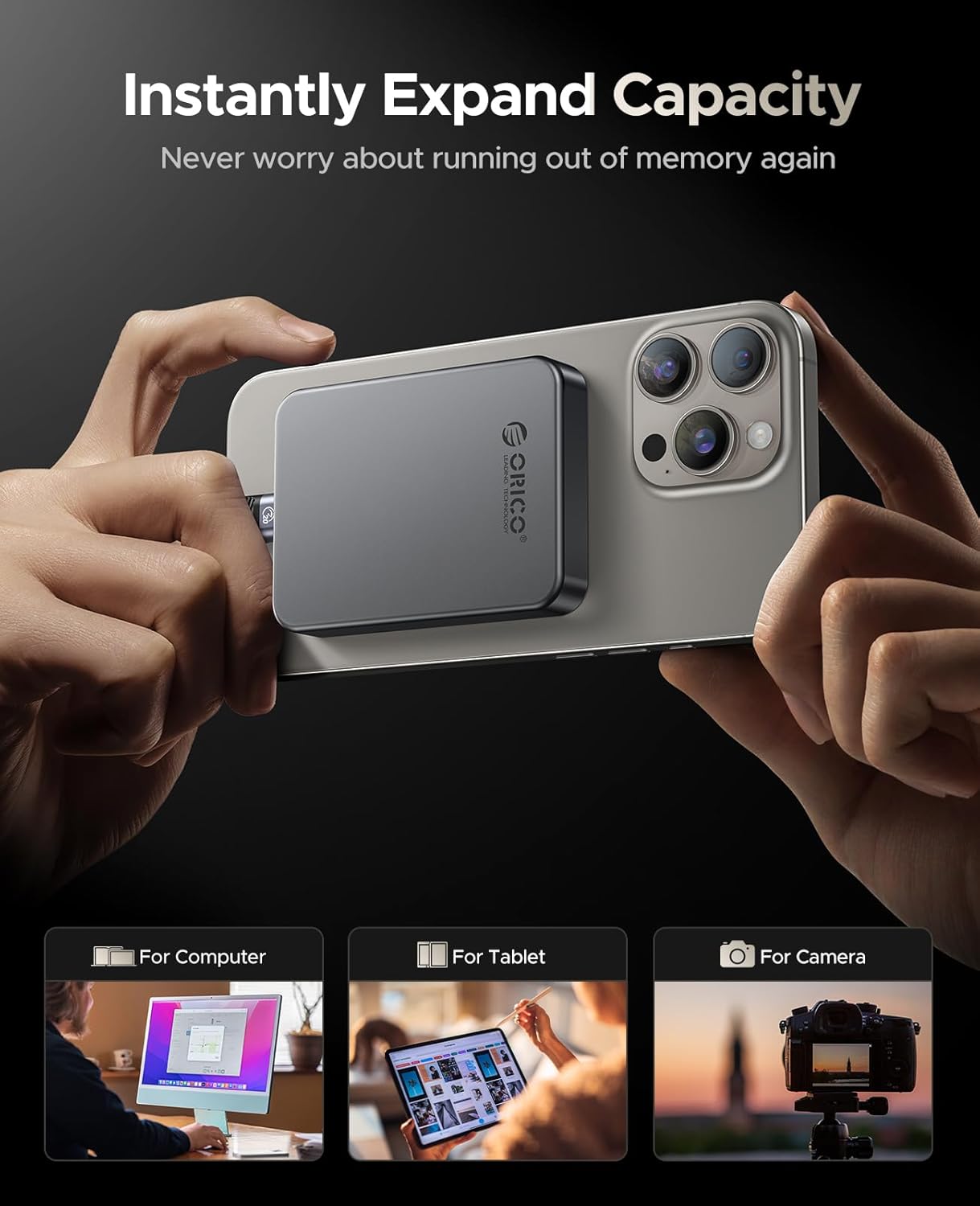 ORICO 1TB Magnetic Portable SSD, Aluminum Alloy, 4K 120 fps ProRes HDR Record and Store, Up to 2000MB/s, External Solid State Drive, Compatible with iPhone 16 Pro Max, Tablet, Computer - K20