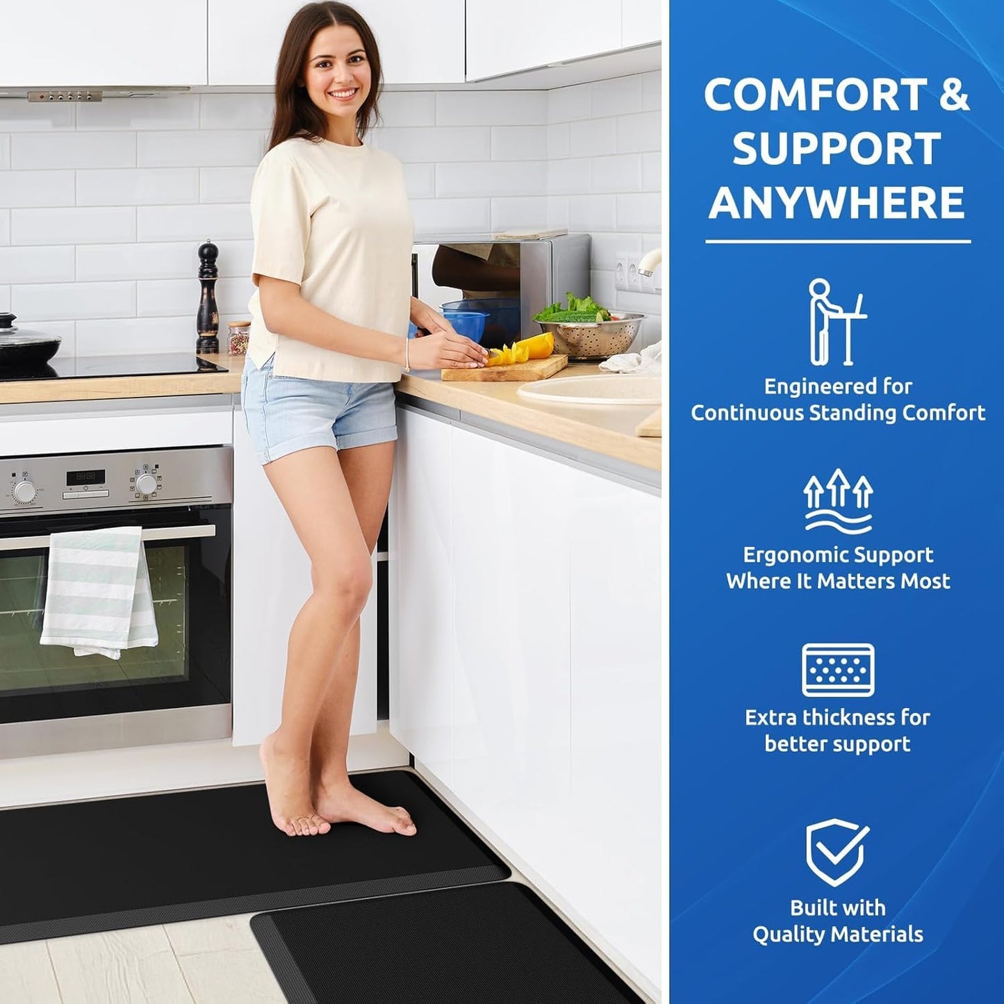 KitchenClouds 2PCS Kitchen Rugs Cushioned Anti-Fatigue Non-Slip Waterproof Kitchen Mat Comfort Foam Standing Mat for Floor Office Sink Laundry (Black)