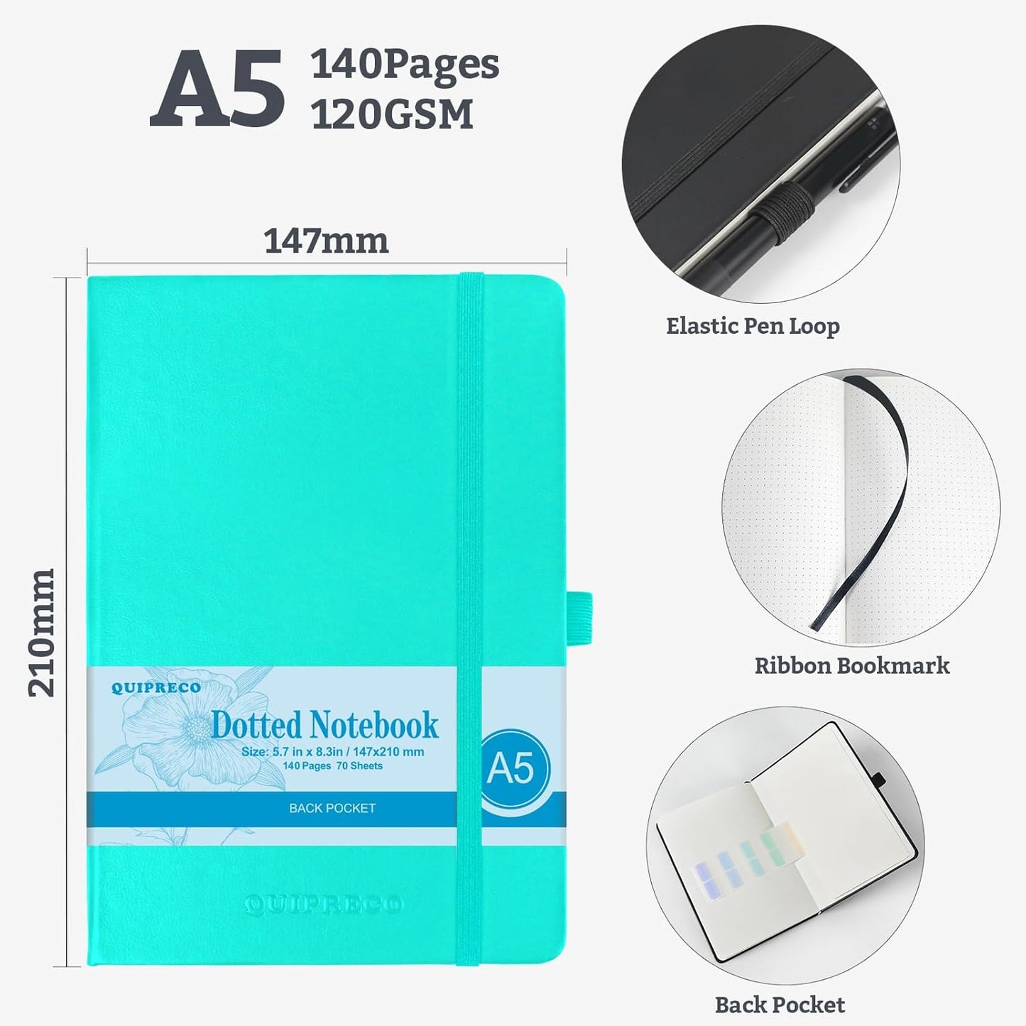2Pack Bullet Dotted Hardcover Journal Notebook, A5 140 Pages 120Gsm Thick Paper for School,Note Taking,Work,Diary，5.7"*8.3",Turquoise