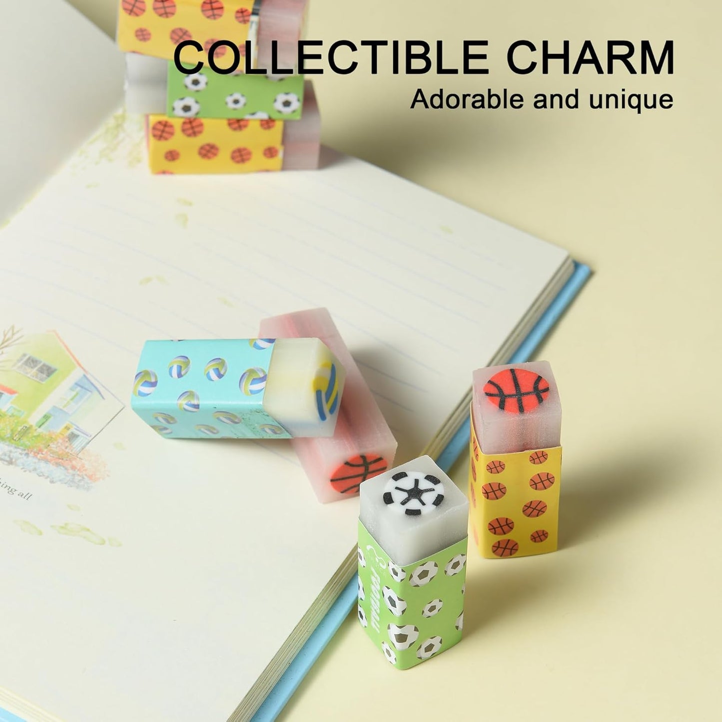 18Pcs Cute Sports Ball Erasers for Kids Bulk, Fun Basketball Soccer Volleyball Pencil Jelly Erasers for School Classroom Supplies Prize Gifts Party Favors