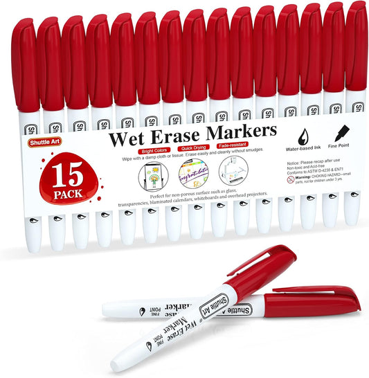 Shuttle Art Wet Erase Markers, 15 Pack Red 1mm Fine Tip Smudge-Free Markers, Use on Laminated Calendars, Overhead Projectors, Schedules, Whiteboards, Transparencies, Glass, Wipe with Water
