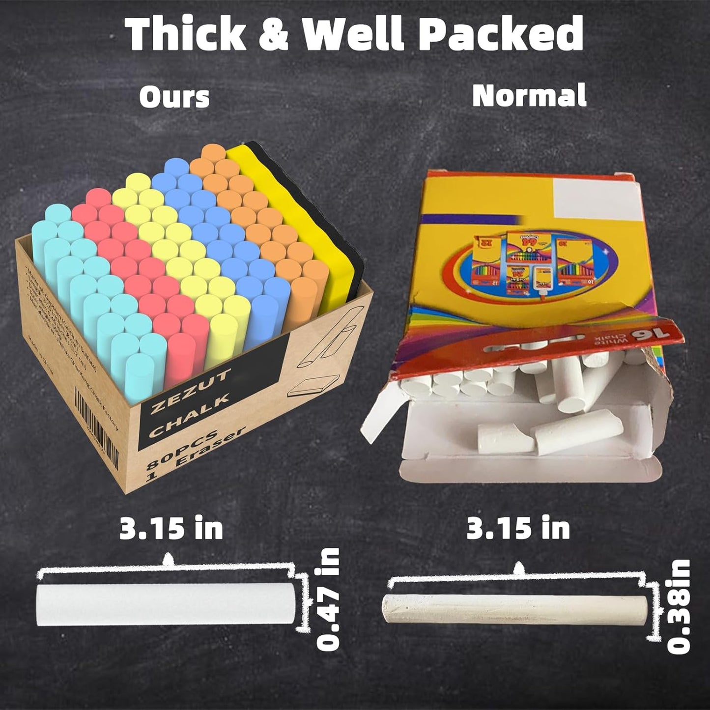 Colored Chalk with Magnetic Eraser, 80PCS Low Dust Chalks Stick Bulk for Chalkboard Blackboard Non-Toxic