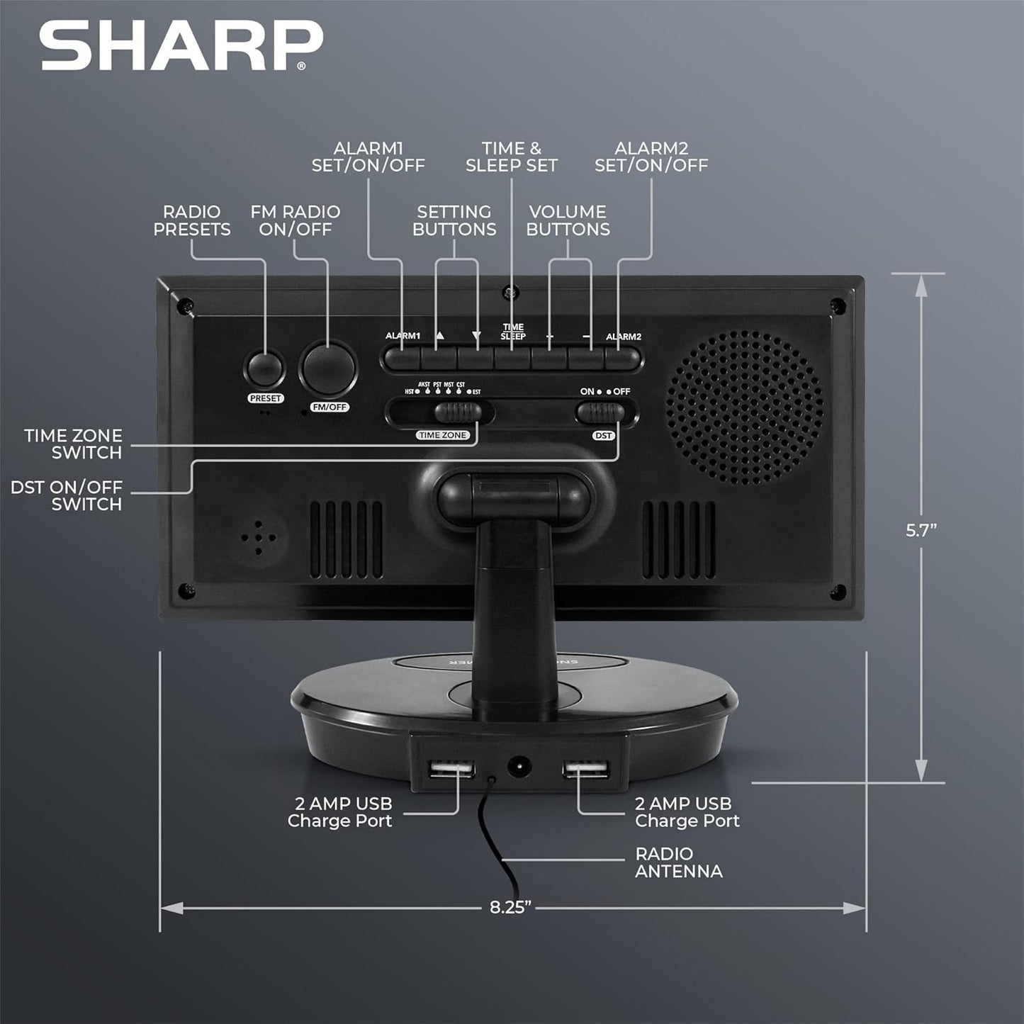 Sharp Digital Alarm Clock, 8.9" Extra Large LED Clock with Tilt and Swivel Display, AccuSet Automatically Sets The Time, Dual USB Charger Ports, FM Radio, 3 Level Adjustable Dimmer Brightness