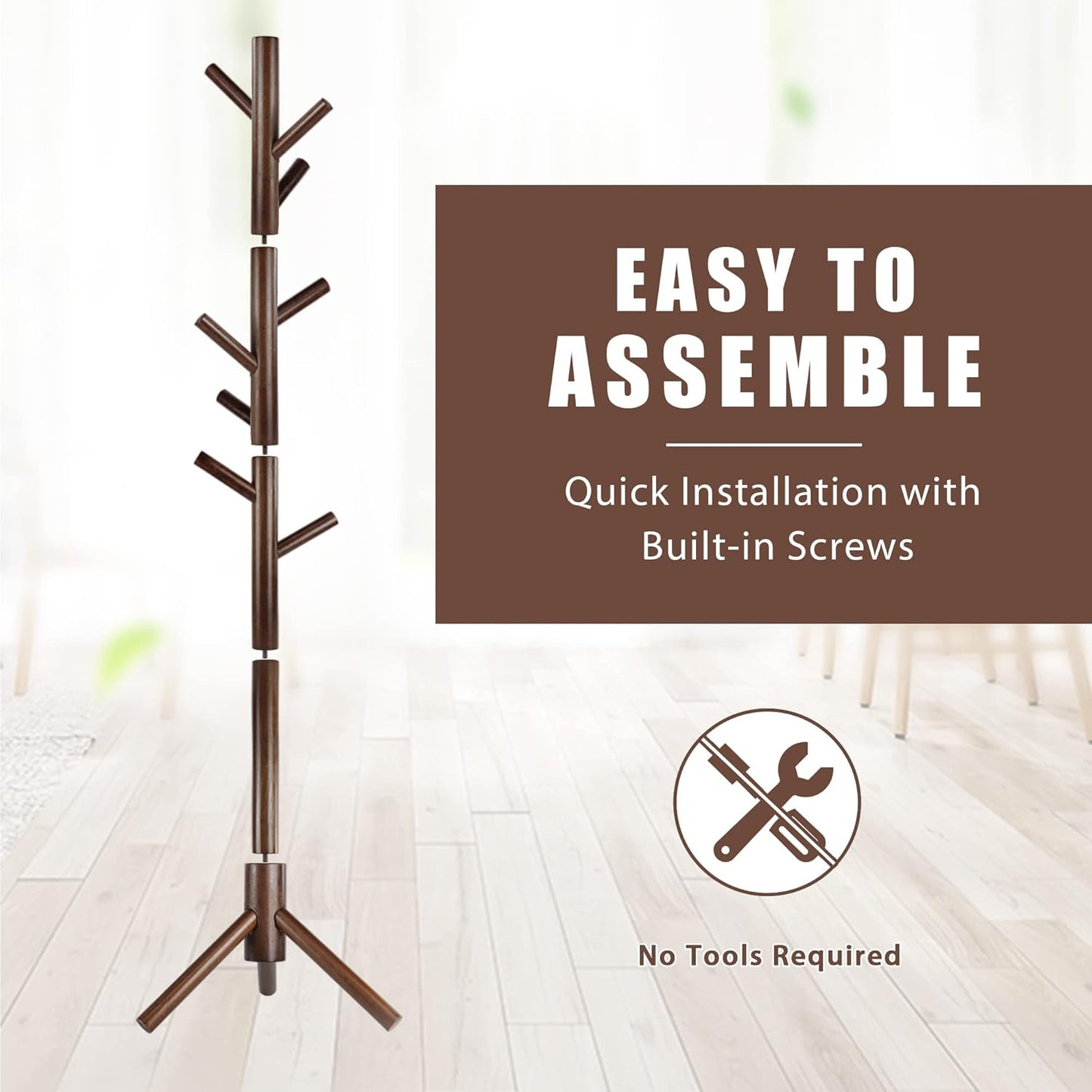 Haddockway Wooden Coat Rack Stand with 8 Hooks New Zealand Pine 3 Adjustable Coat Standing Tree Easy Assembly for Coats, Hats, Scarves and Handbags for Entryway, Hallway, Bedroom, Office