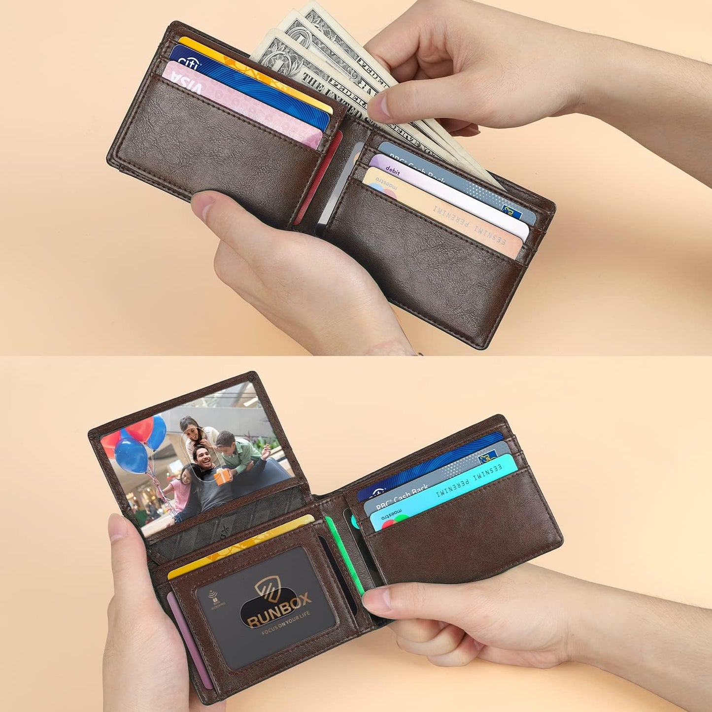 RUNBOX Wallet for Men Slim Rfid Leather 2 ID Window With Gift Box