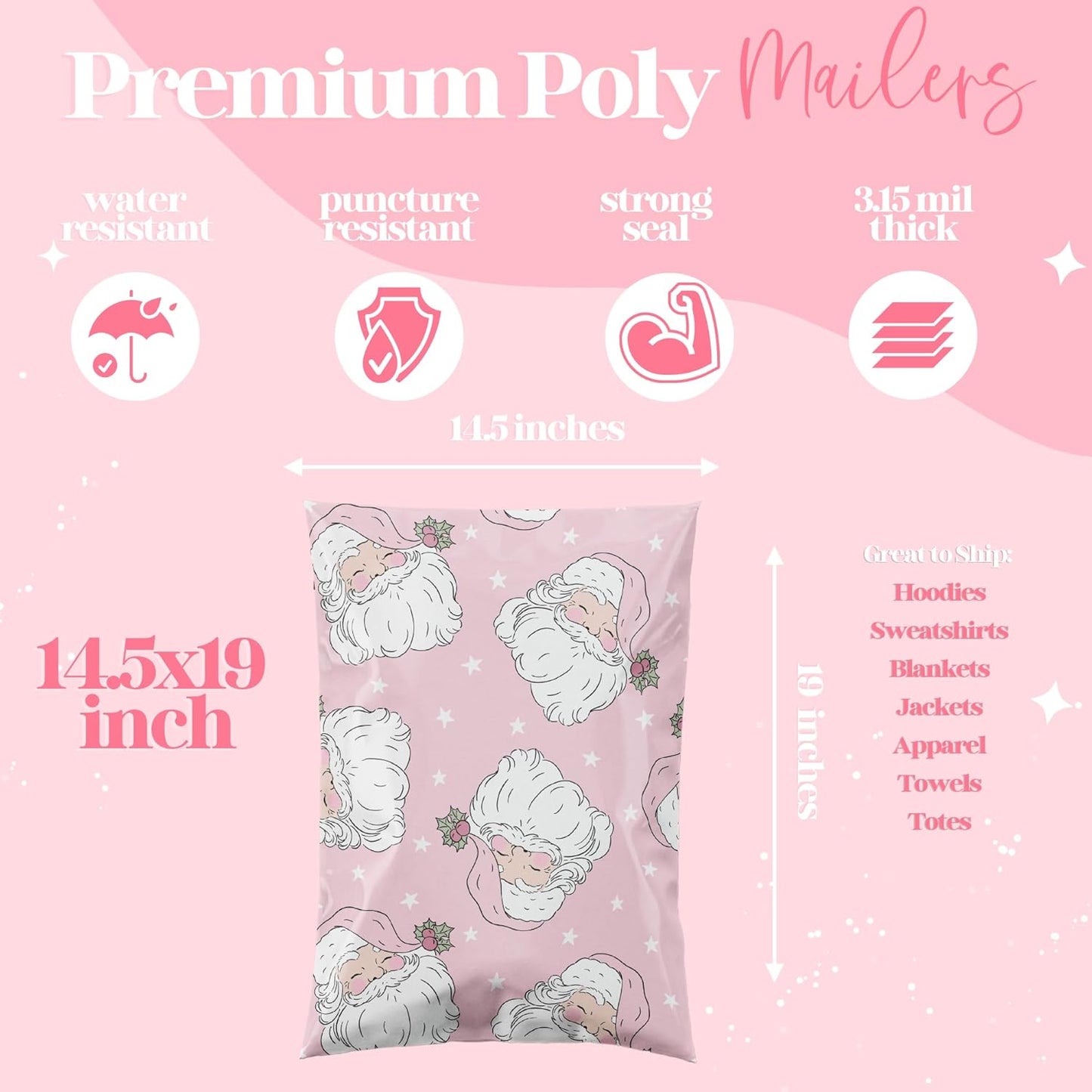 14.5x19 Designer Christmas Holiday Poly Mailers 100 Pack Heavy Duty Waterproof Self Seal Shipping Bags Large Mailing Envelopes Bulk Tear Resistant Cute Packaging Pink Santa