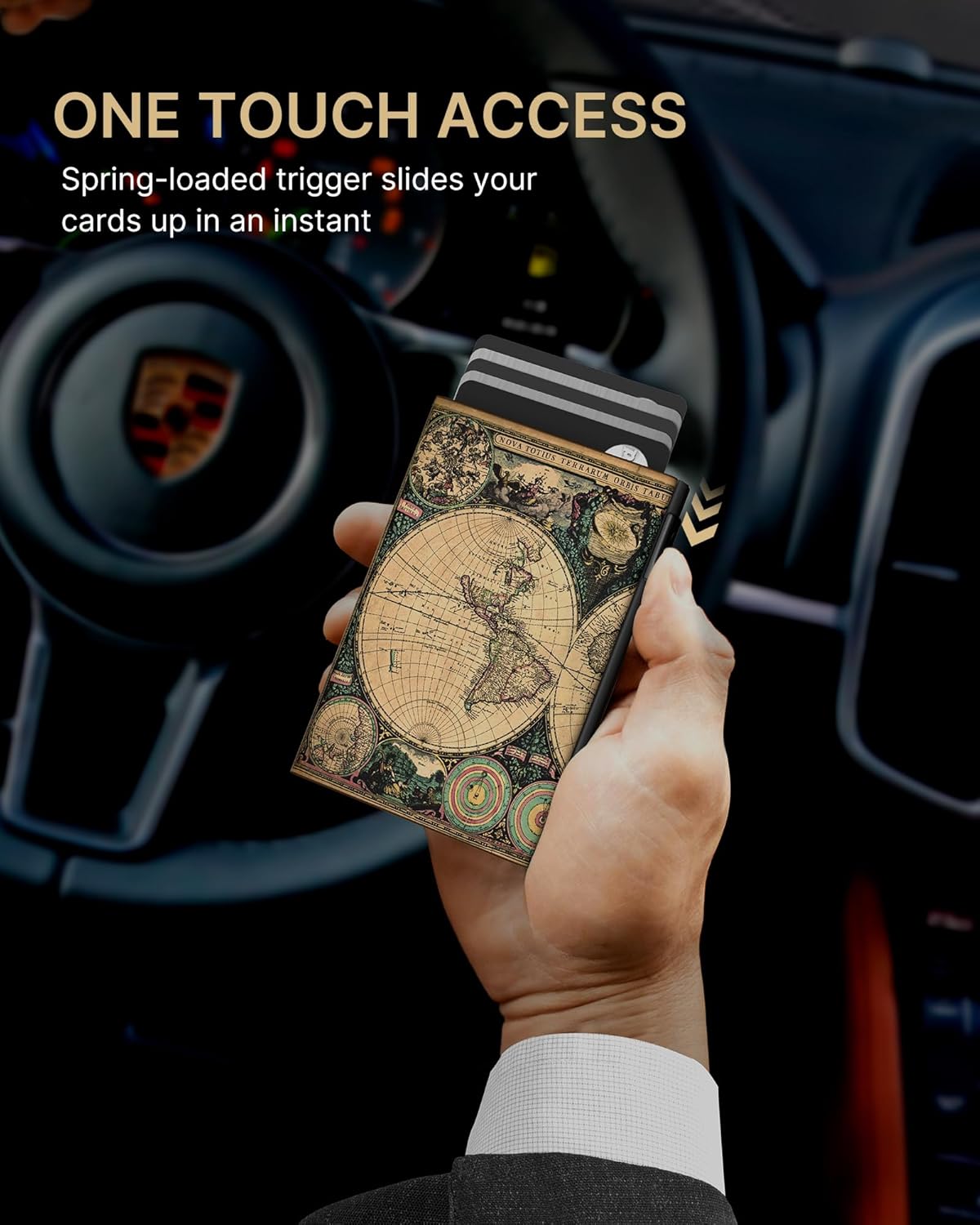 typecase Mens Wallet Card Holder: Pop Up Aluminum Case, Carbon Fiber Leather, Smart, RFID Blocking, Slim, Minimalist, Front Pocket - 9-14 Card Capacity | ID Window | Cash Slot (Map)