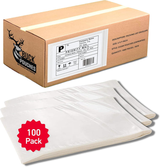 100 Pack 6"x9" Shipping Label Sleeves – Clear Self-Adhesive Packing Slip Pouches, Waterproof Packing List Envelopes – Ideal for Shipping Documents, Mailing Labels, Invoices & Packing Slips