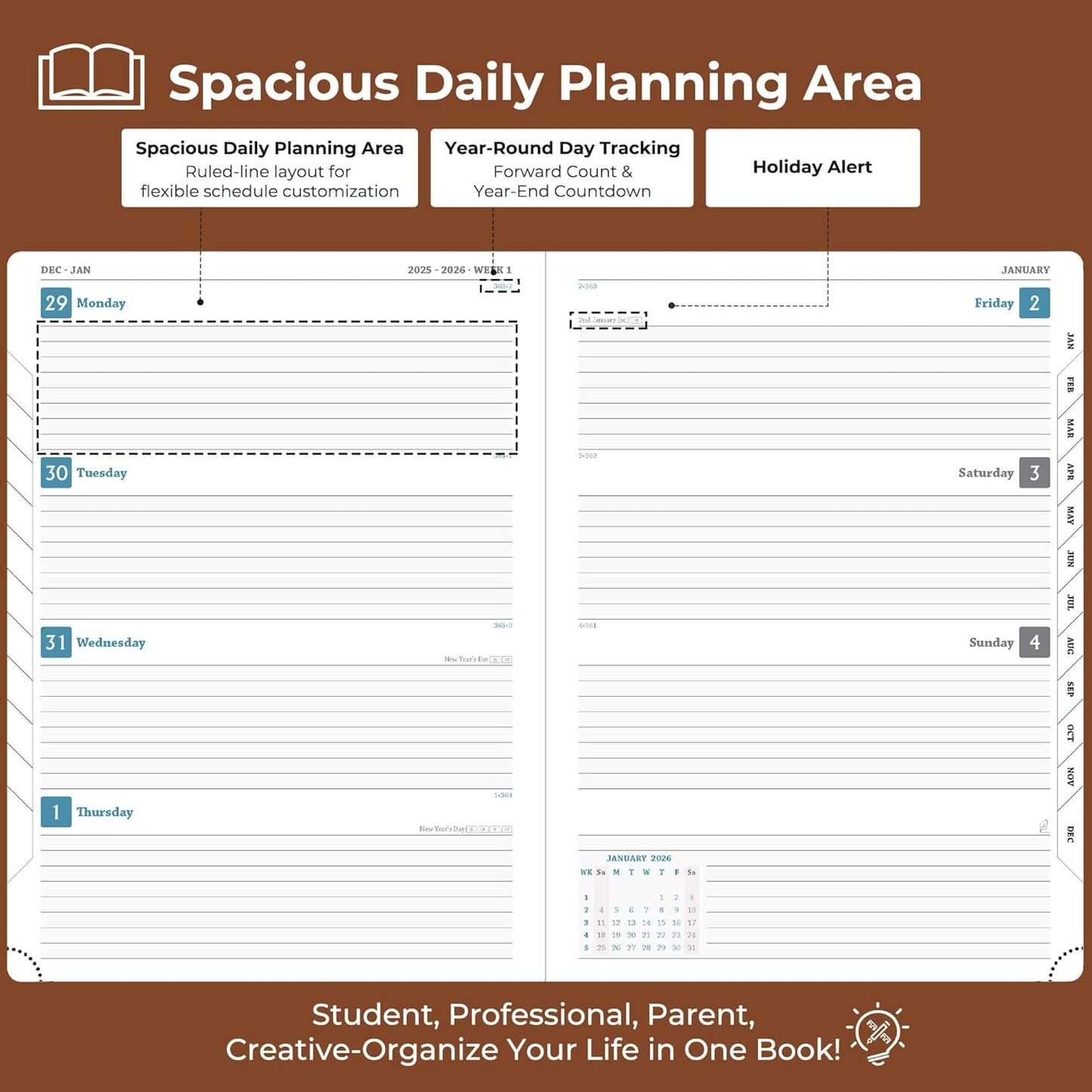 Weekly Monthly 2026 Planner (Jan.26-Dec.26),11.5"x8.5",12 Months Agenda Plan with Month Tabs & Pocket,Expenses/Note Pages, Appointment Book Calendar with Hardcover Vegan Leather Cover,Brown