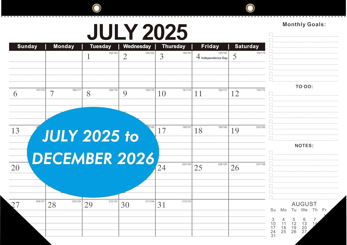 Wall Calendar 2025-2026 with Julian Date,Desk Calendar Wall Calendar from July 2025 to December 2026,18 Months Calendar 17"×12" Thick Paper for Office School Home