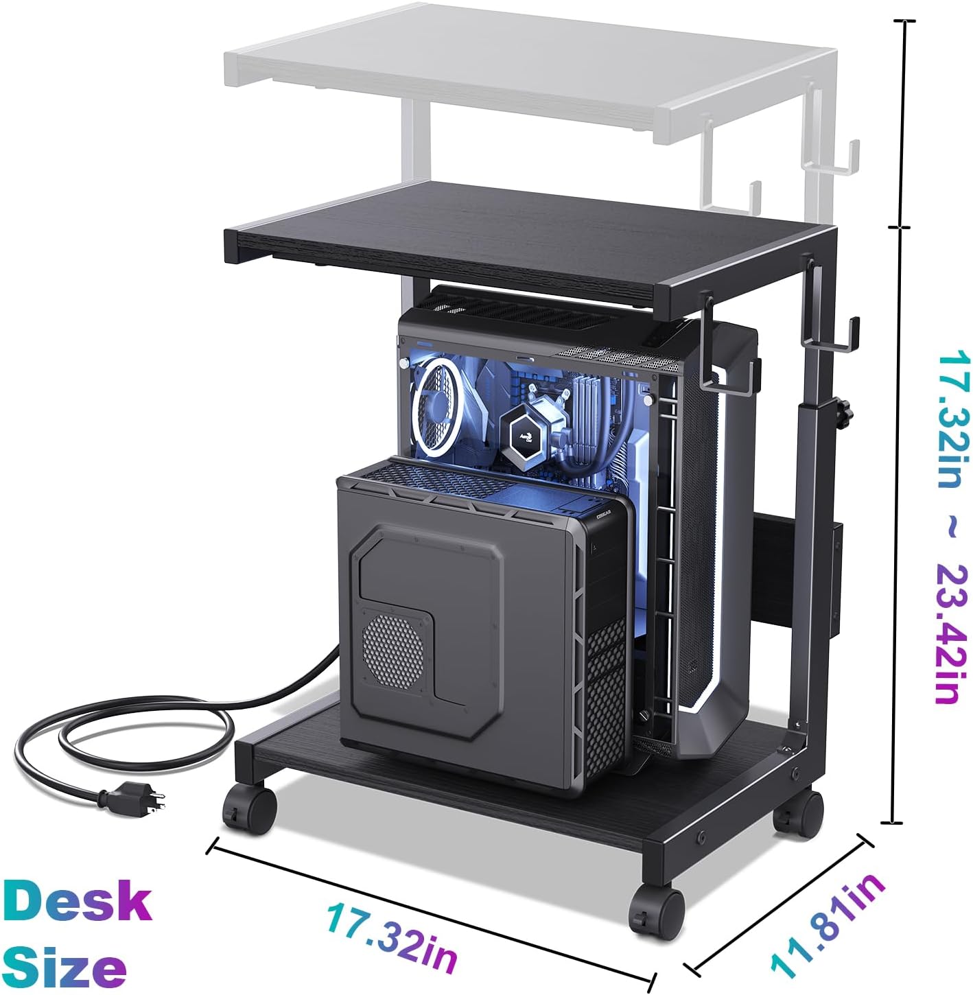 Computer Tower Stand with Charge Station and USB Charging Port - Height Adjustable PC Tower Stand, Under Desk CPU Holder Cart with Locking Caster Wheels for Fits Most PC