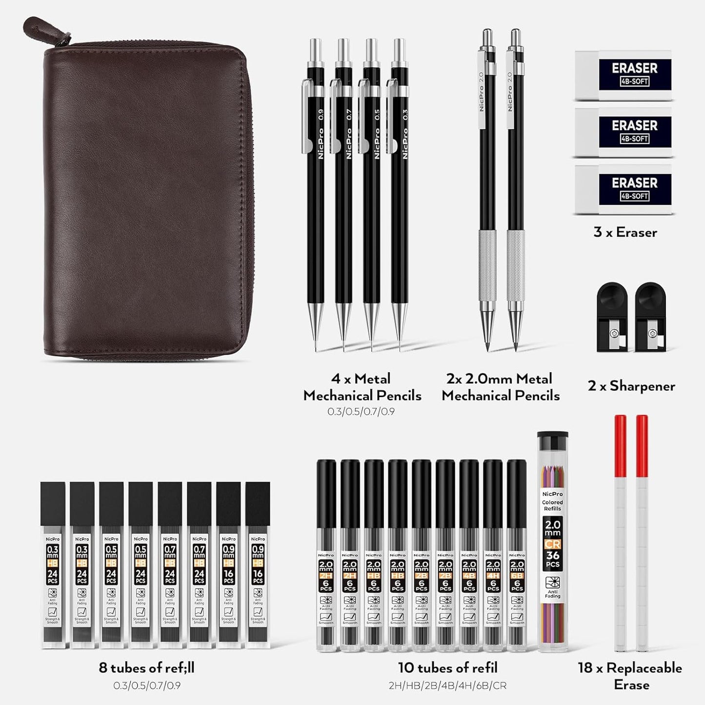 Nicpro 33PCS Black Metal Mechanical Pencil Set in Leather Case, Art Drafting Pencil 0.3, 0.5, 0.7, 0.9 mm, 2mm Lead Holders for Sketching Drawing With 18 Tube (6B 4B 2B HB 2H 4H Colors) Lead Refills