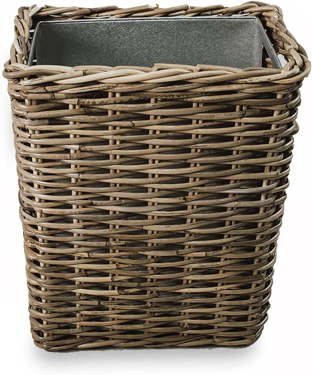 The Basket Lady Large Rectangular Kubu Wicker Waste Basket with Metal Liner, 14.5 in L x 9 in W x 18 in H, Serene Grey