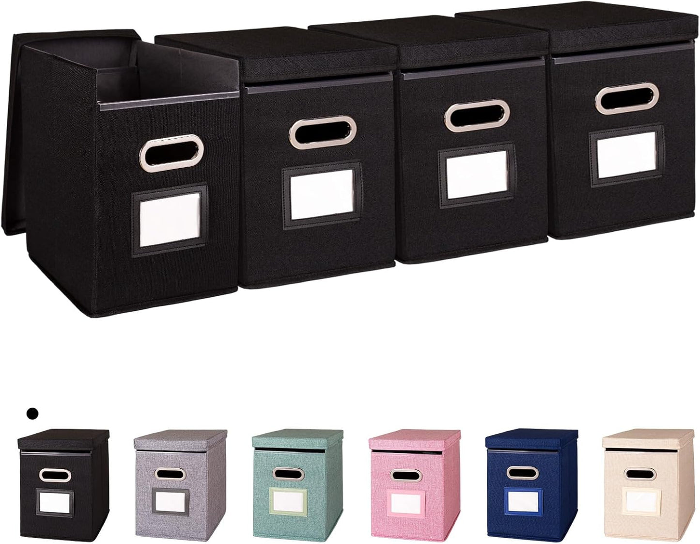 4 Pack Hanging File Folders Organizer with Lid, Letter Size Fabric File Storage Box Collapsible, Portable Office Document Holder with Metal Handle, Smooth PVC Rails, Black