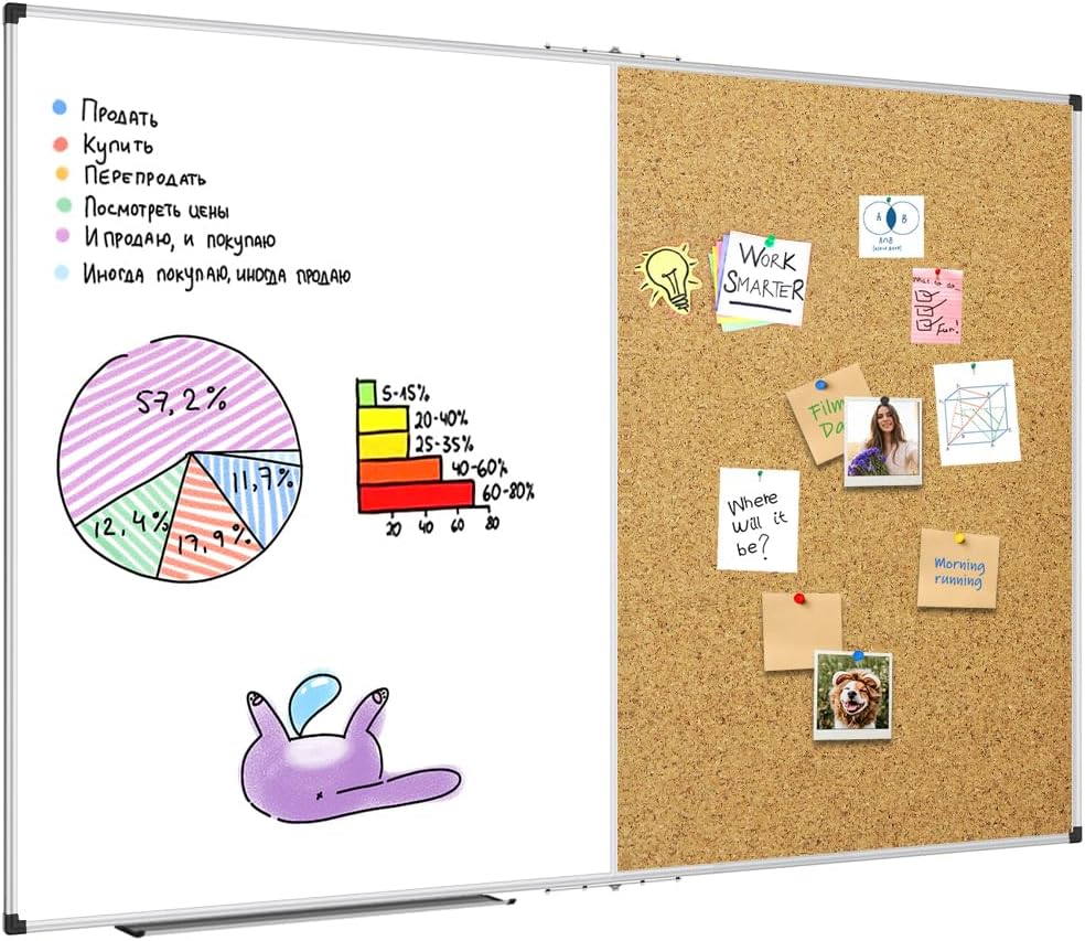 XBoard Extra Large Magnetic White Board and Bulletin Corkboard Combination, 72 x 48 Inch Foldable Dry Erase & Cork Combo Board for Wall with Aluminum Frame, 6' x 4' Notice Memo Board Pin Vision Board