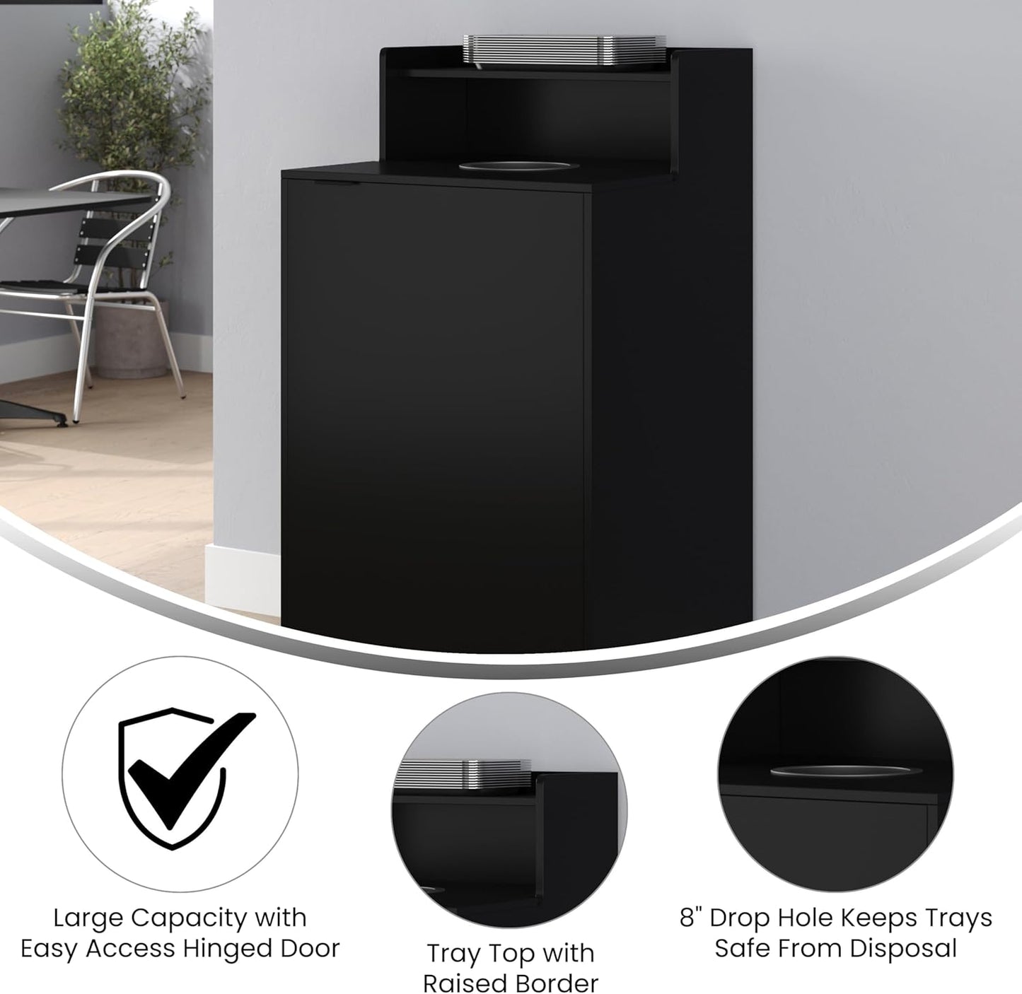 Flash Furniture Dell Trash Can Enclosure with Tray Shelf and 8" Drop Hole, Commercial Grade Trash Receptacle for 32 Gallon Round Cans, Swing Door Access, Black