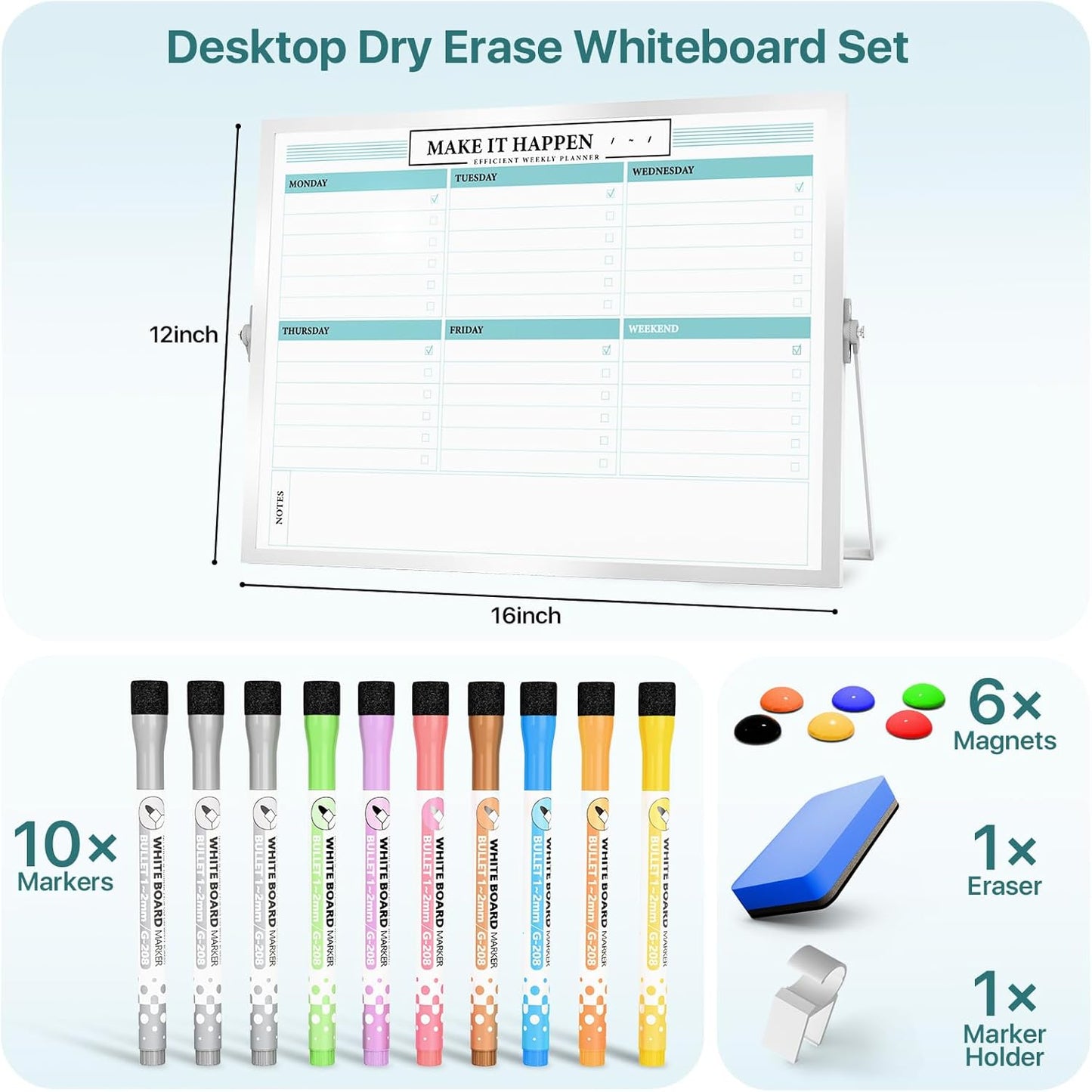Dry Erase White Board with Stand,Double-Sided Weekly Whiteboard 12"x16",10 Markers,6 Magnets,1 Eraser,Portable Desktop Whiteboard for Planning,Weekly Schedule Board for School for Office