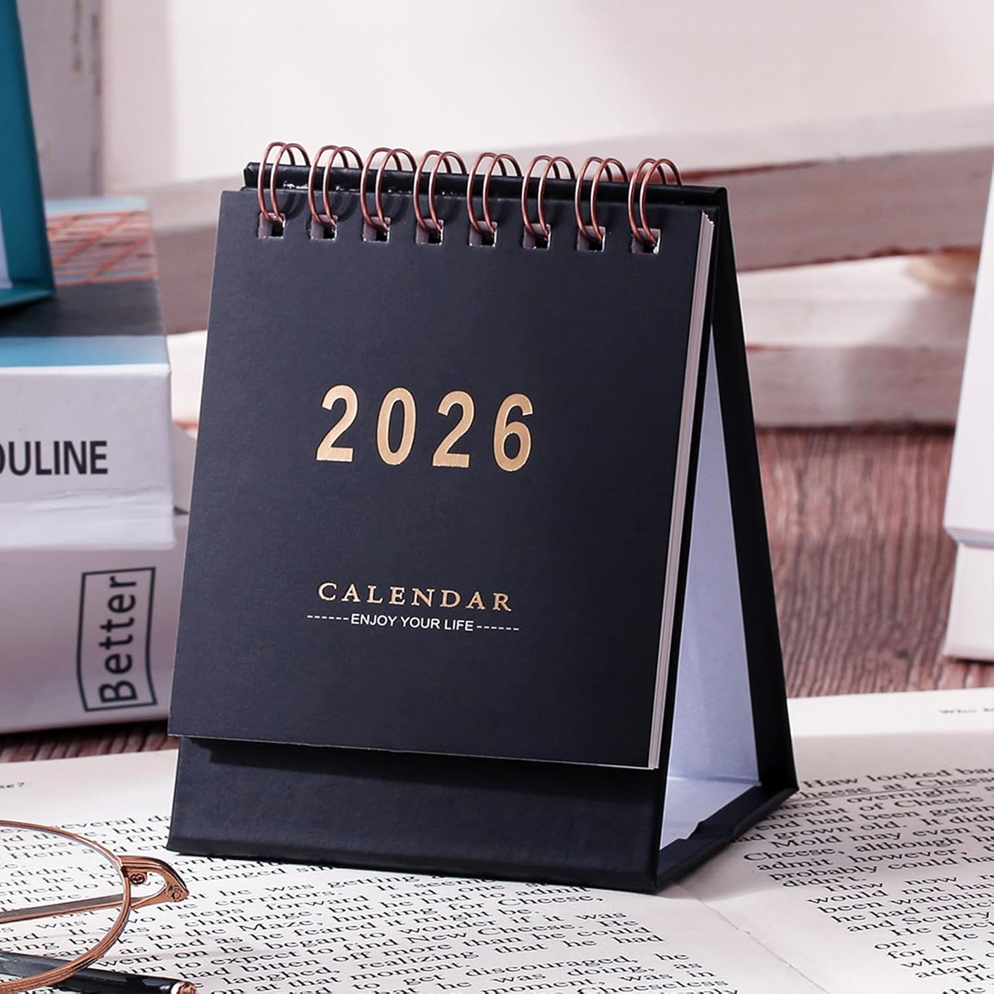 Mini Desk Calendar 2025-2026 - Runs From July 2025 until Dec 2026 Monthy Small Desktop Calendar 250 GSM Thick Paper Twin-Wire Binding for Home or Office (Black)