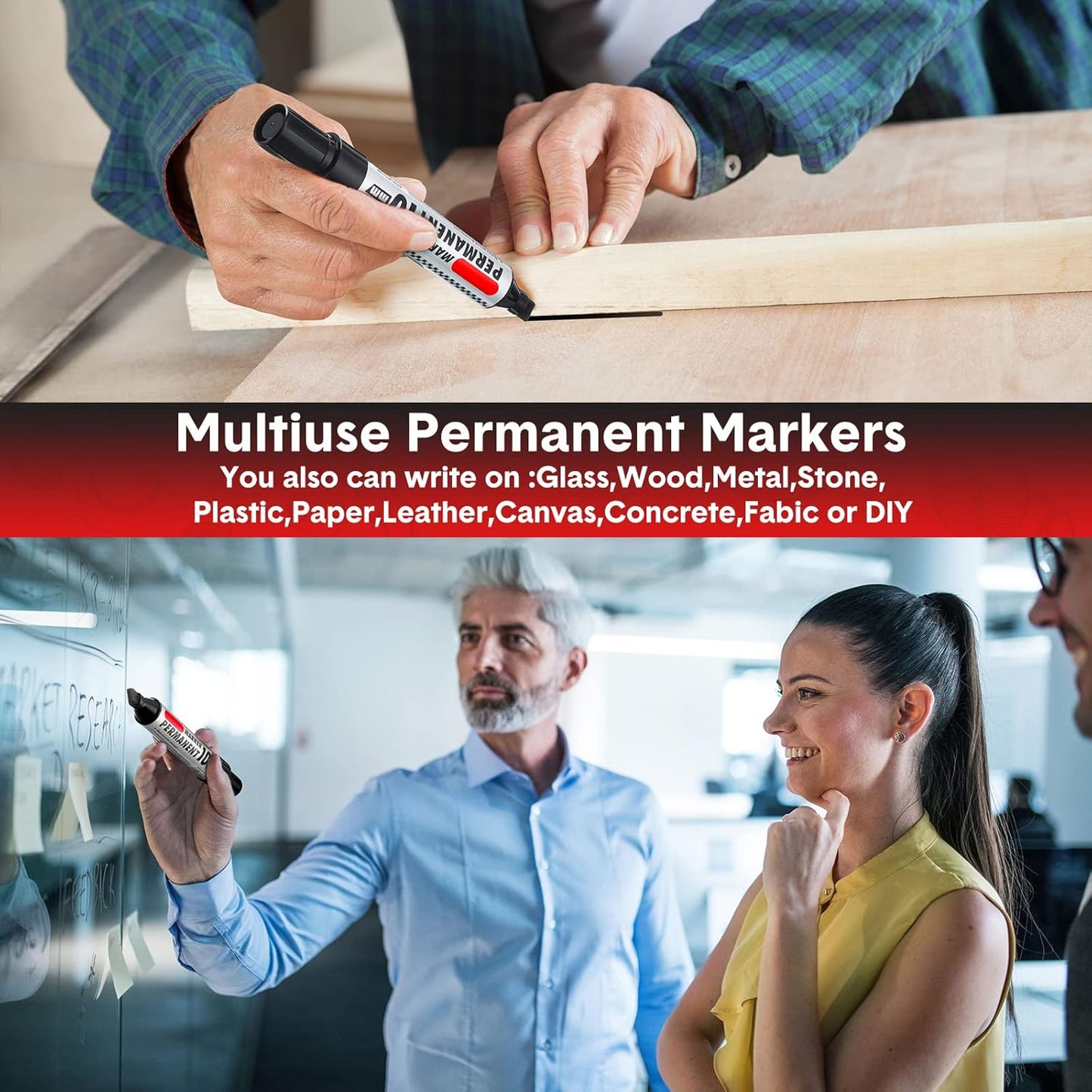 Thenshop 24 Pack Jumbo Size Permanent Markers Bulk Permanent Marker Set Chisel Tip Pens Waterproof for Industrial Use Work on Wood Metal Plastic Stone Glass(Black)