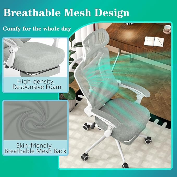 Ergonomic Office Chair with Footrest - Adjustable Lumbar Support & Headrest, 90-160° Reclining Mesh Back Computer Chair - Home Office/Gaming, 330lbs Capacity (SGS Certified)