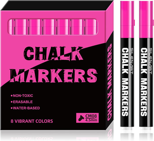 SILENART Chalk Markers Pink 8 Pack - Vibrant Chalkboard Marker for Blackboard Dry Erase Board Windows Glass Mirror Menu Board