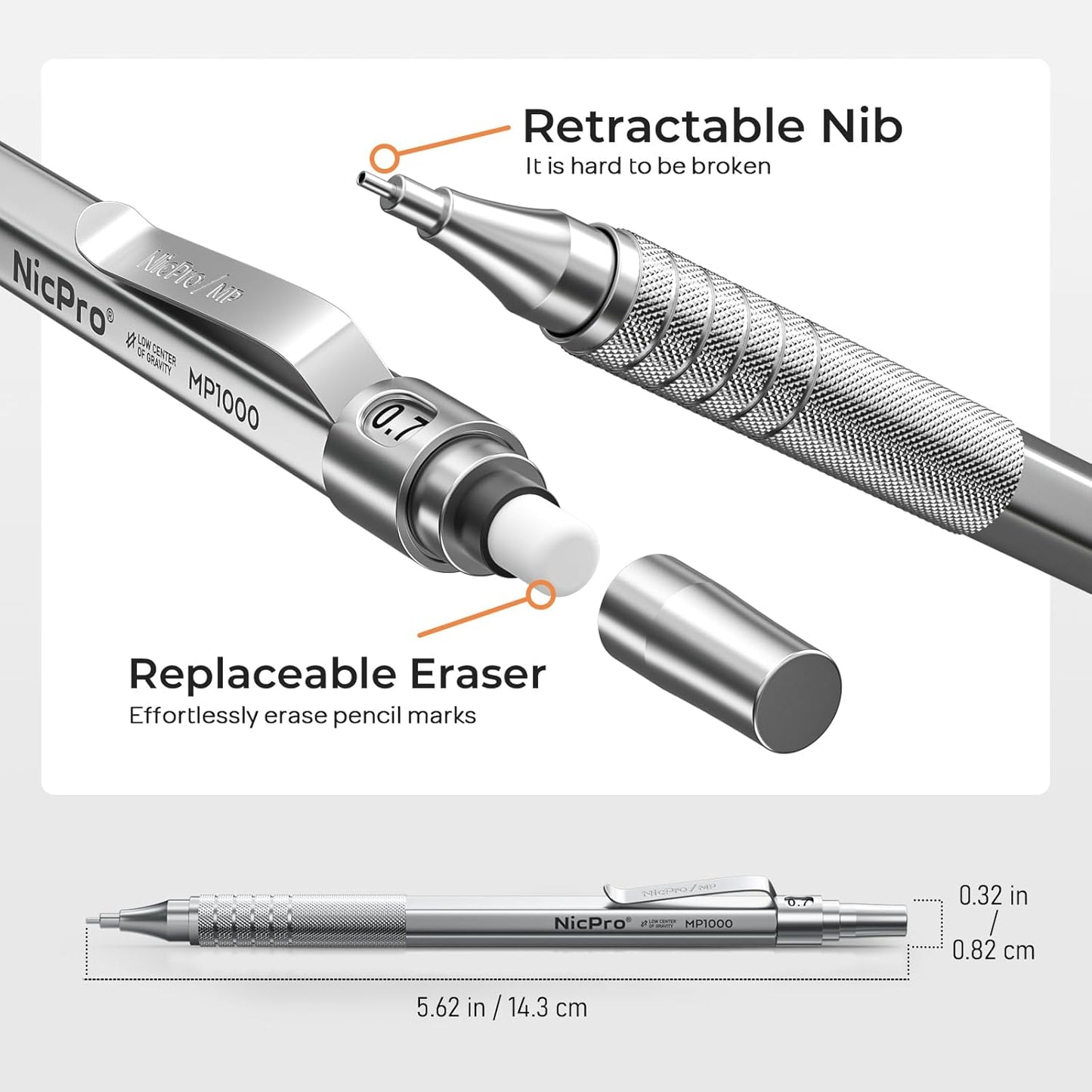 Nicpro 0.5 & 0.7 & 0.9 mm Metal Mechanical Pencil Set with Case, 6PCS MP1000 Artist Lead Pencil with 12 Tubes HB & 2B Lead Refills, 3 Erasers For Architect Art Writing Drafting Sketching Drawing