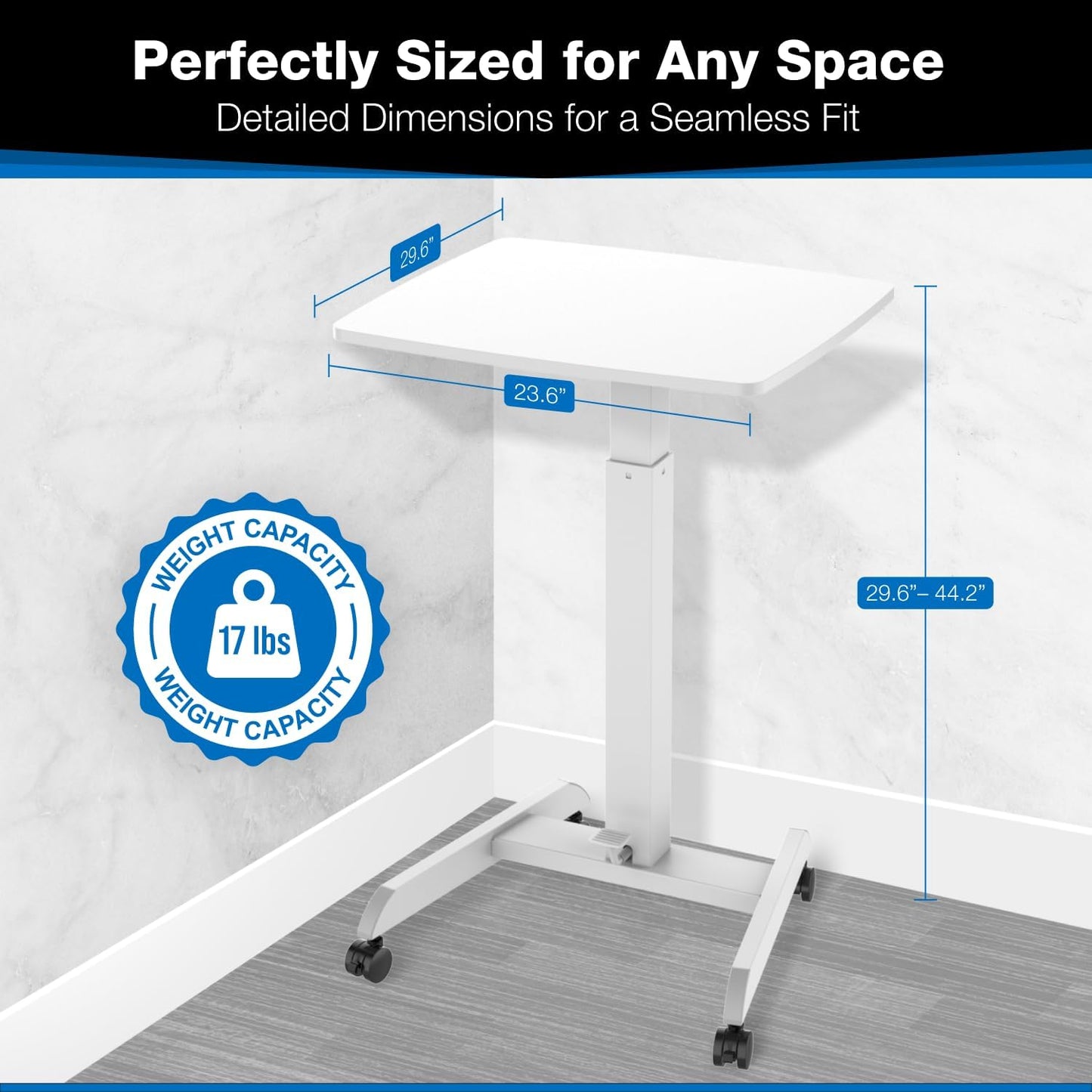 Mount-It! Rolling Laptop Desk Adjustable Height (29.6”-44.2”), Mobile Workstation Cart with 23.6” x 20.5” Desktop, Small Sit-Stand Desk for Home, Office, or Classroom in White
