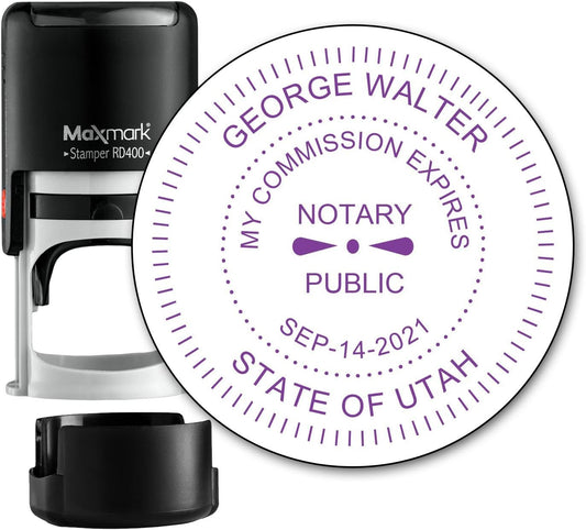 Round Notary Stamp for State of Utah- Self Inking Stamp - Top Brand Unit with Bottom Locking Cover for Longer Lasting Stamp - 5 Year Warranty