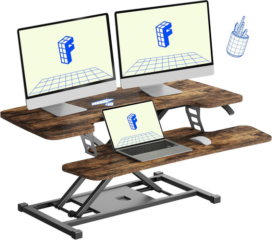 FLXISPOT 36" Standing Desk Converter, Quick Sit Stand up Desktop Riser Height Adjustable Monitor and Laptop Workstation with Keyboard Tray, Rustic Color