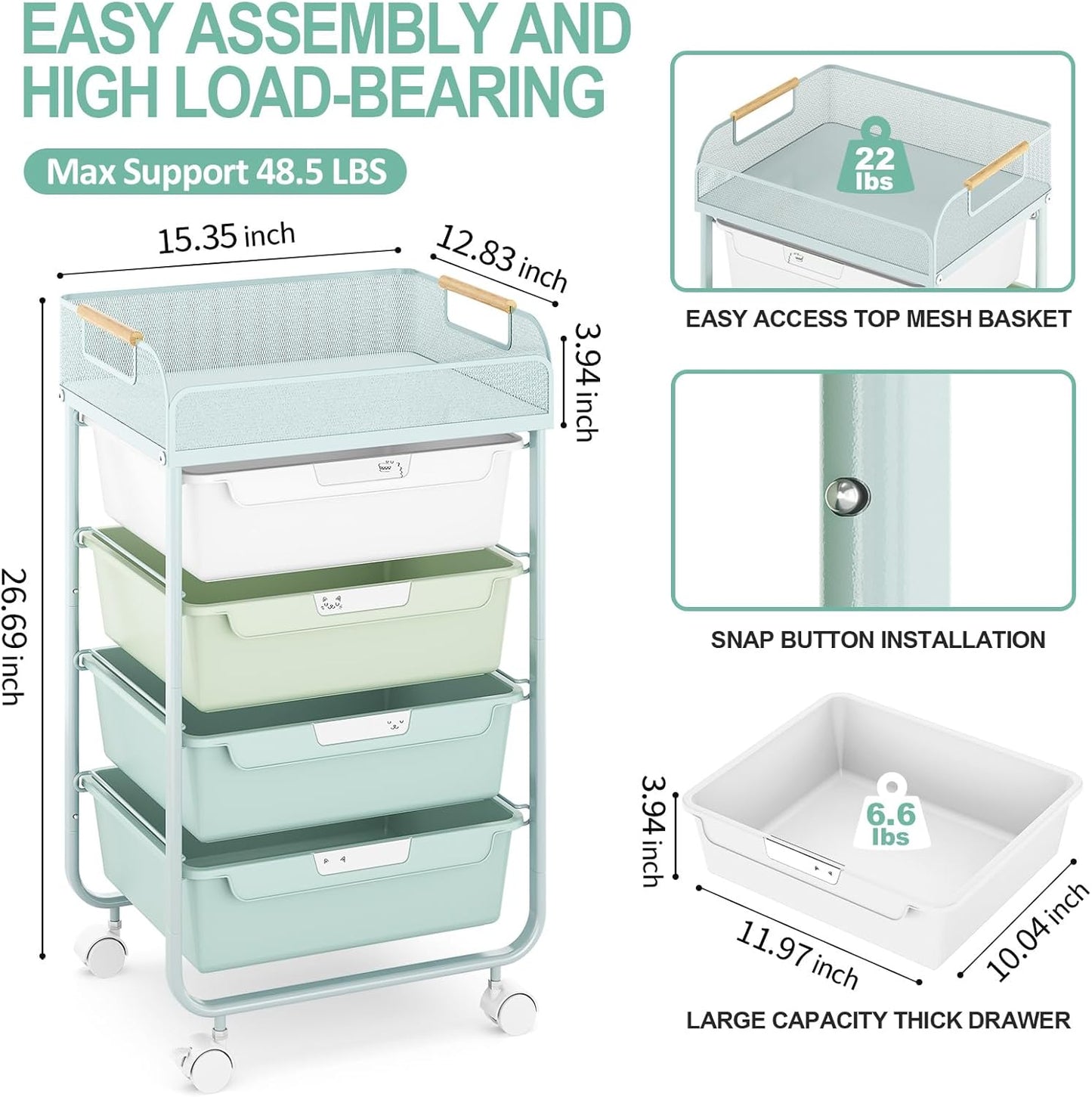 Rolling Utility Storage Cart with 4 Drawers - 4 Tiers Rolling Cart Craft Cart, Storage Drawer Cart Organizer for Craft Room Office Bedroom Classroom with Mesh Top & 4 PCS DIY Lable, Green