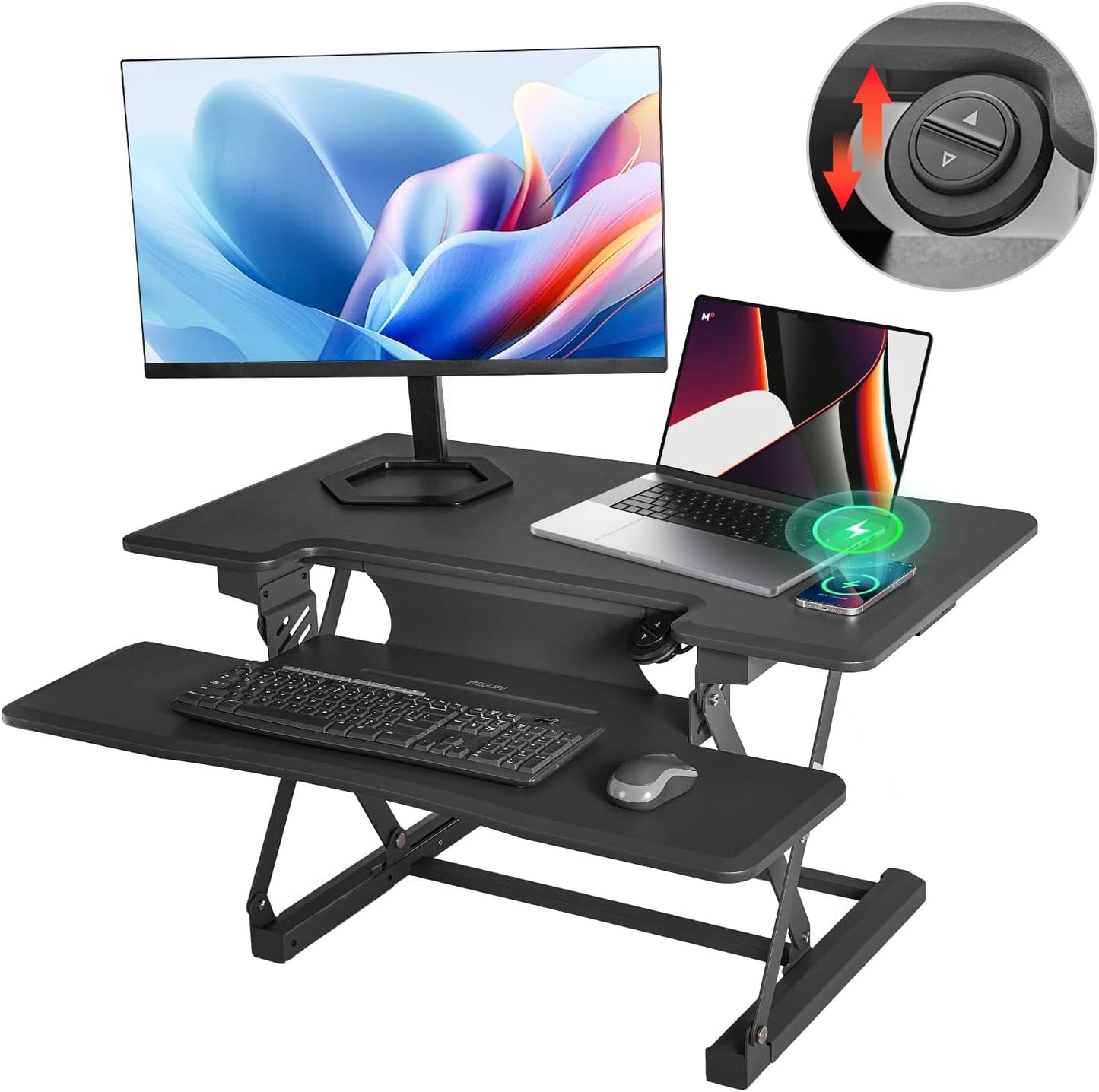 Redlife 46 inch Electric Standing Desk Converter, Height Adjustable Sit to Stand Desk Riser Extra Large Dual Monitor and Laptop Workstation with Keyboard Tray & Wireless Charging Station, Grey