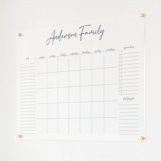 Personalized Clear Acrylic Calendar for Wall, Calendar Whiteboard for Wall, Dry Erase Wall Calendar, Wall Calendar Organizer System for Home (Cursive, Navy, 38"W x 26"H)