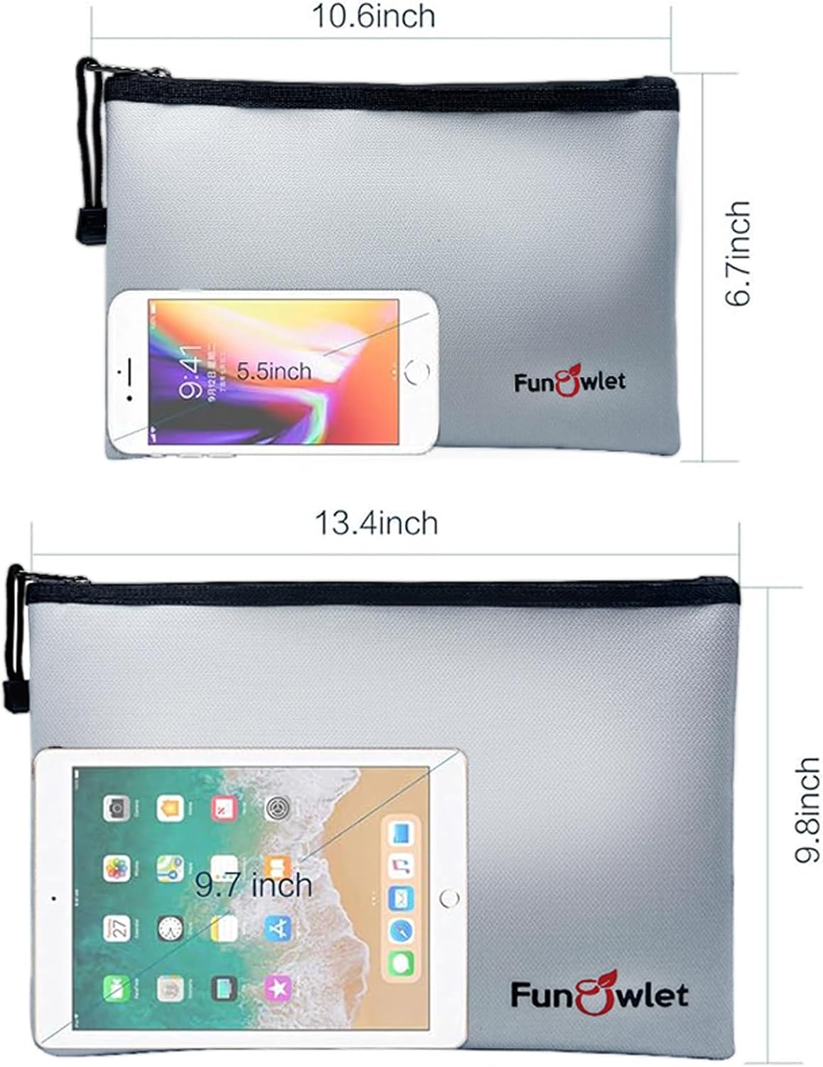 Fireproof Safe Money Document Bags - 2 Pack 13.4" x 9.8" and 10.6" x 6.7" Waterproof Zipper Bag, Fire & Water Resistant Storage Organizer Pouch for A4 A5 Documents Holder,File,Cash,Passport,Tablet