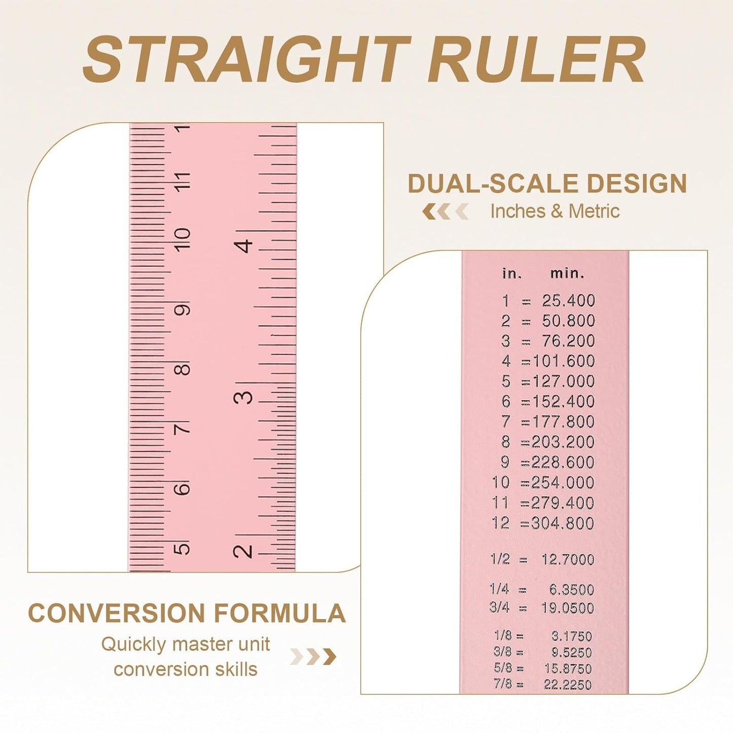HARFINGTON 4pcs Metal Straight Ruler 20cm Metric SAE Aluminum Alloy Measuring Rulers Scale Tool with Hole for Measure Study Reading Classroom Office, Pink