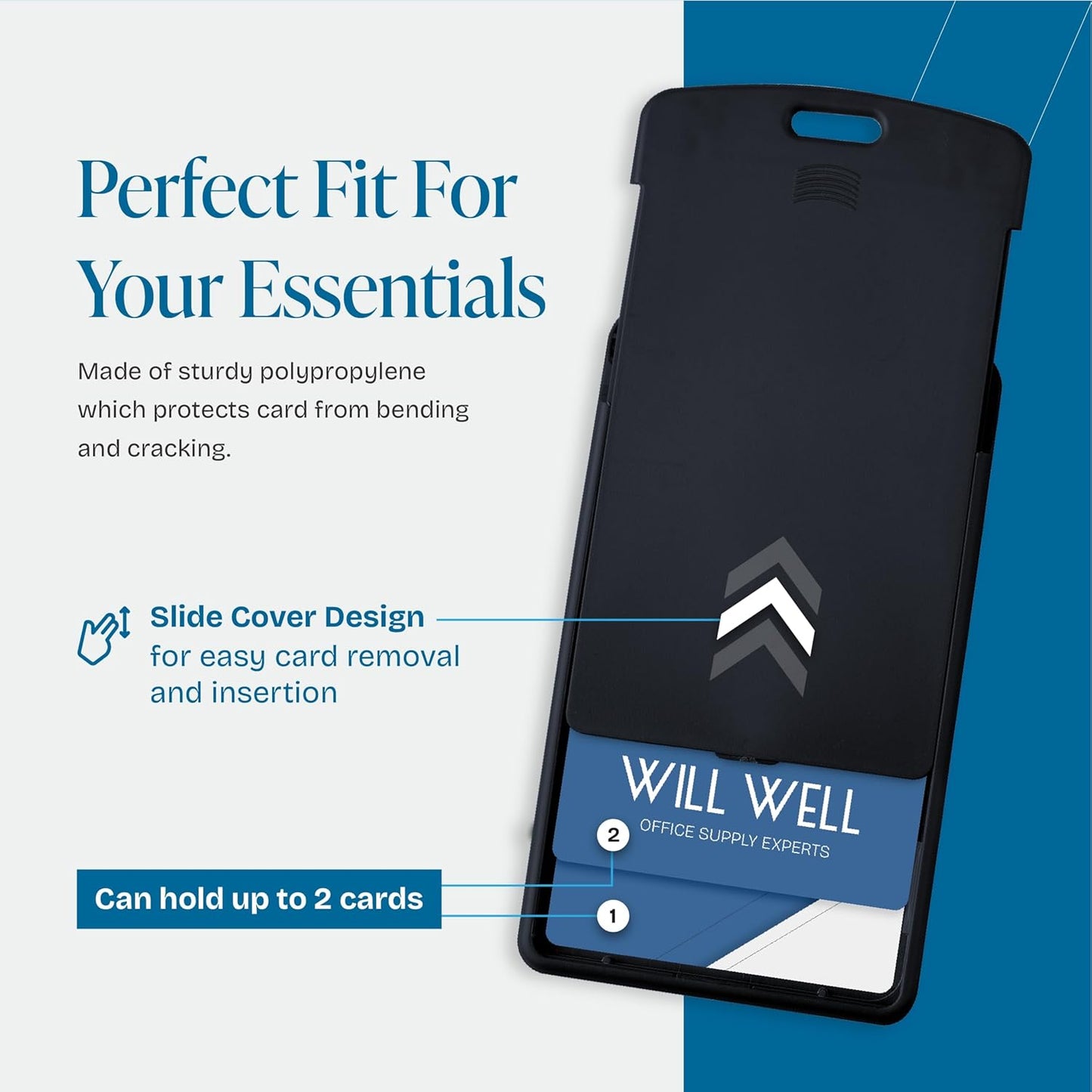 Will Well Vertical Sliding Badge Holder for Lanyards - Hard ABS Plastic 4.13" x 3.3" Protector Fits Up to 2 Standard-Sized Cards, Lightweight Secure Quick-Access Slide Cover Design - 6-Pack, Black